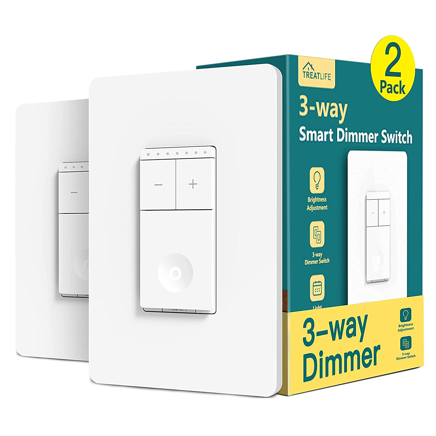 TREATLIFE 3-Way Smart Dimmer Switch 2 Pack - Alexa & Google Assistant Compatible WiFi Light Switch (2.4GHz, Neutral Wire Required) with Remote Control, Scheduling & Hub-Free Setup - Perfect for Smart Homes, Living Rooms & Bedrooms
