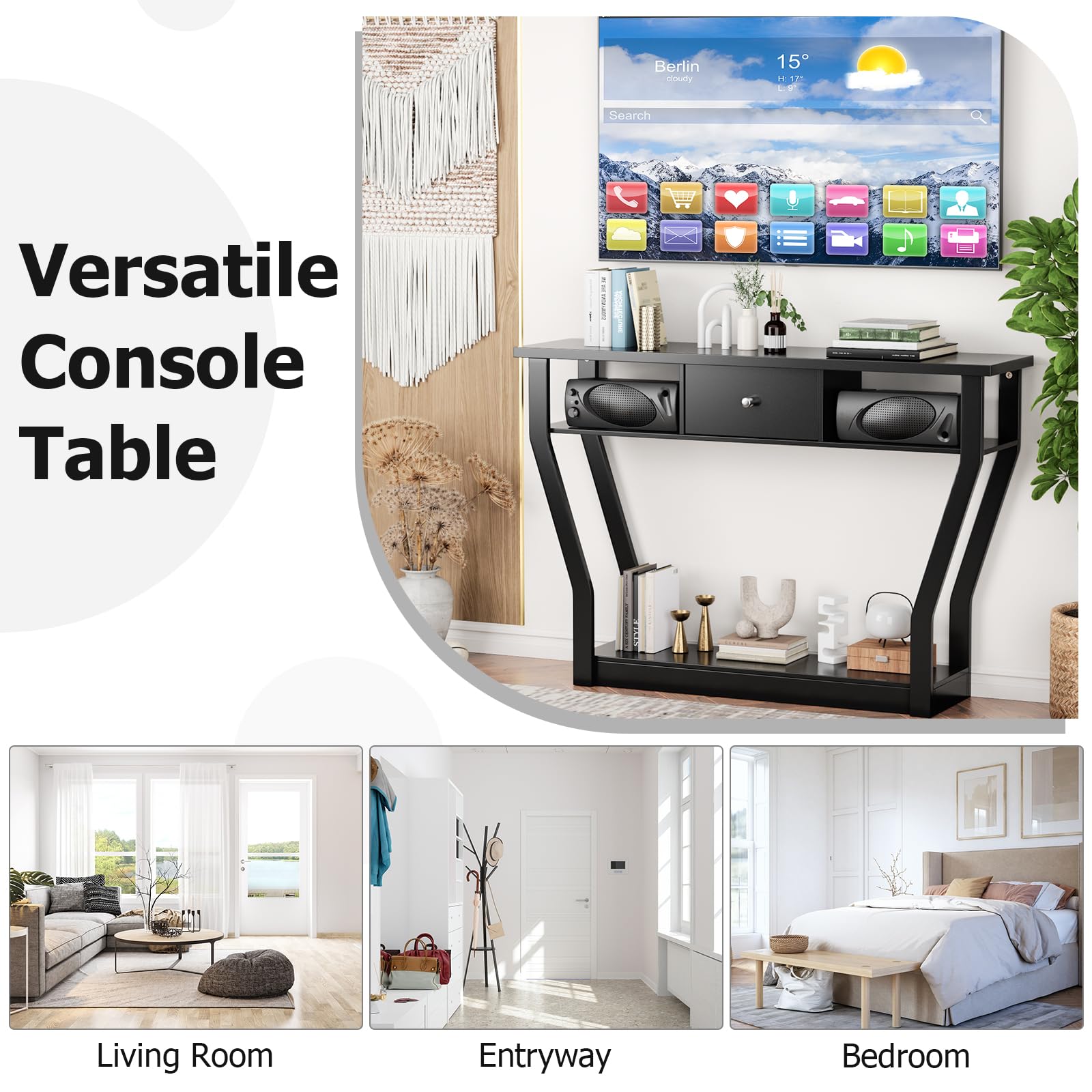 3 Tier Console Table with 1 Drawer & 2 Storage Shelves - Modern Black Sofa Table for Entryway, Living Room, Hallway - Perfect for Small Spaces & Home Decor