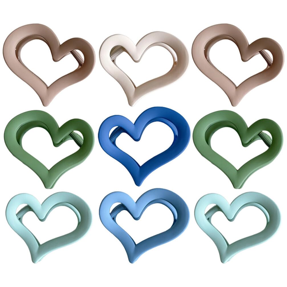 Mobestech 9Pcs Heart Shaped Hair Claw Clips - Matte Acrylic Non-Slip Hair Clips for Women & Girls | Fashion Hair Accessories for Ponytails, Buns & Everyday Styling