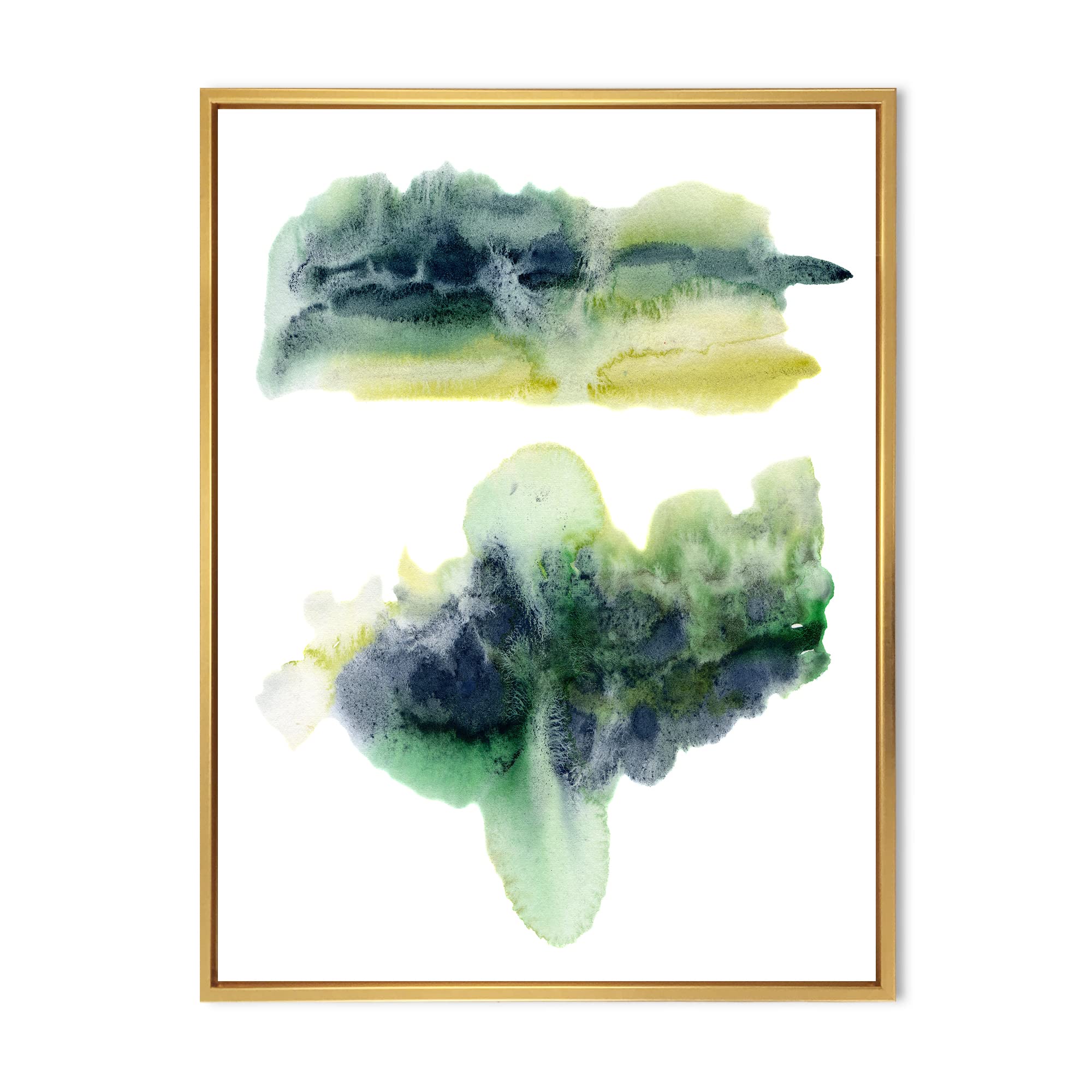 DesignQ Golden Green Abstract Clouds With Blue Points IV - Modern Framed Canvas Wall Art Print for Living Room, Bedroom & Office Decor | Contemporary Home Wall Decor