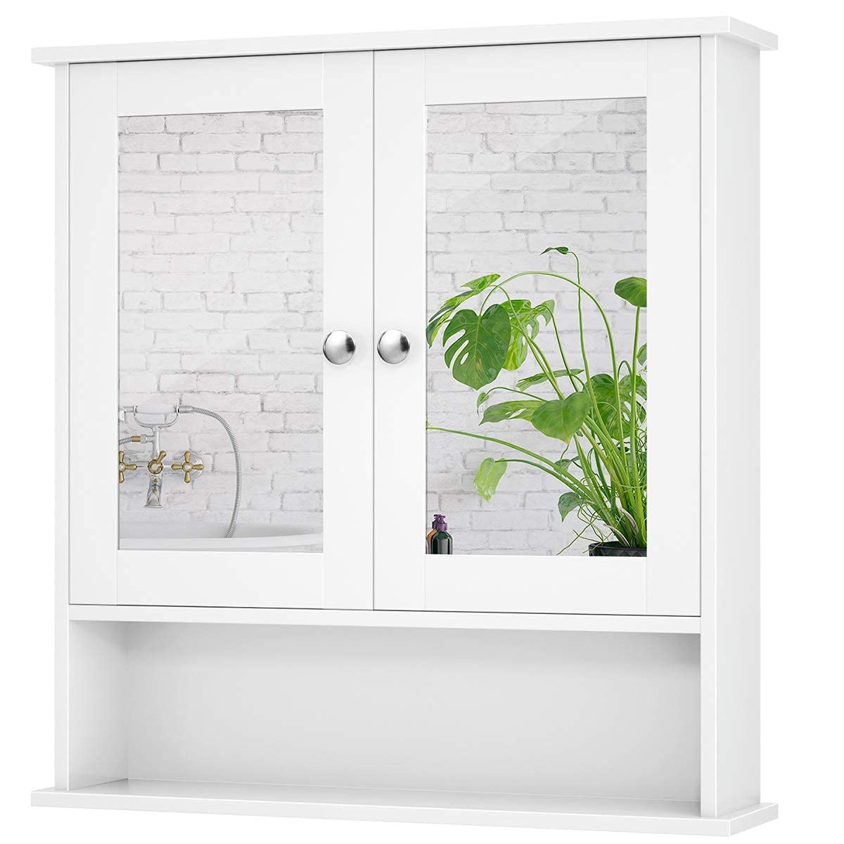 White Wall Mounted Wooden Bathroom Cabinet with Double Mirror Doors - Over Toilet Storage Organizer with Round Knobs for Bathroom, Kitchen, Bedroom - Perfect for Small Space Organization & Home Decor