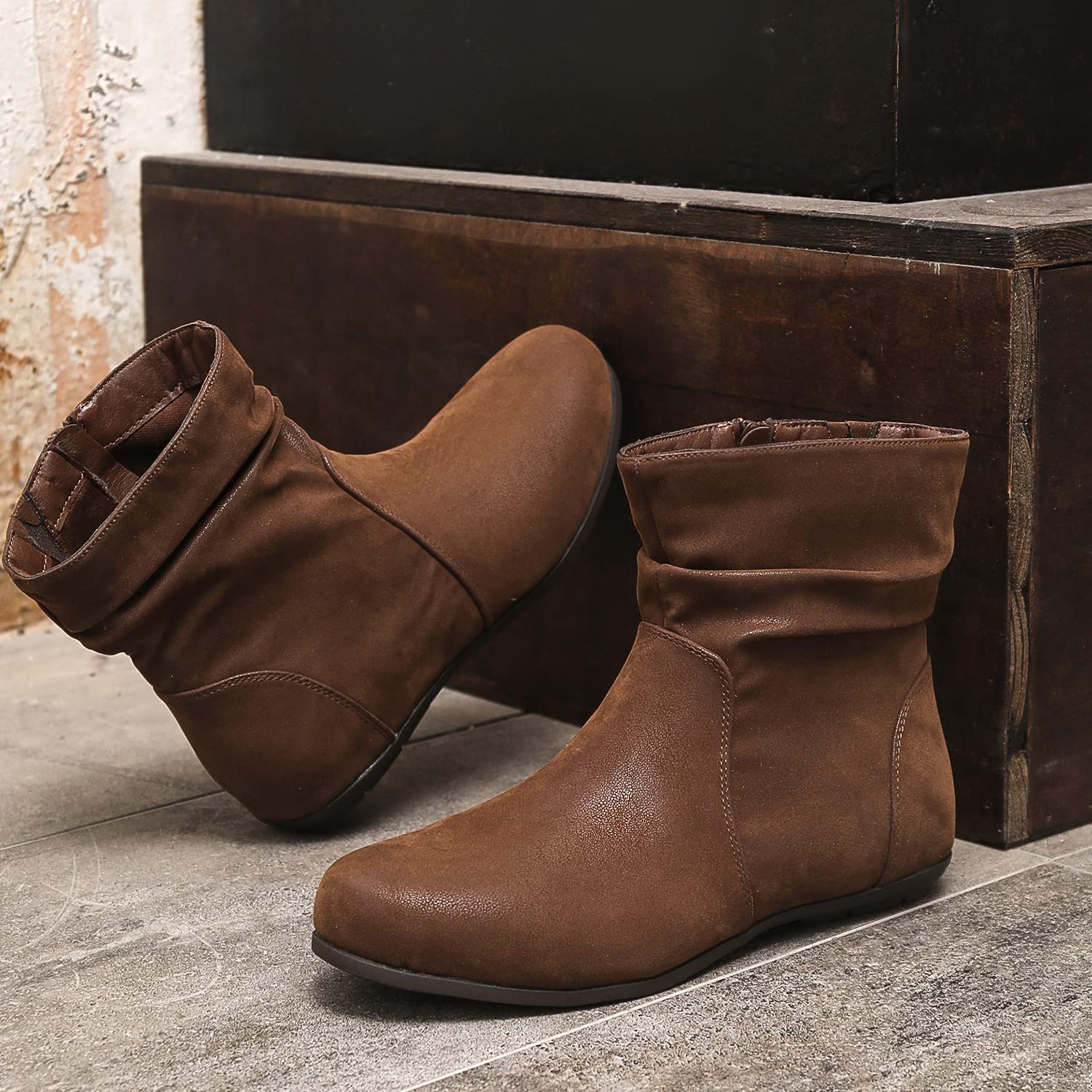 Luoika Women's Wide Width Ankle Boots - Black & Brown Block Heel Side Zipper Booties for Casual Wear, Office & Outdoor Walking