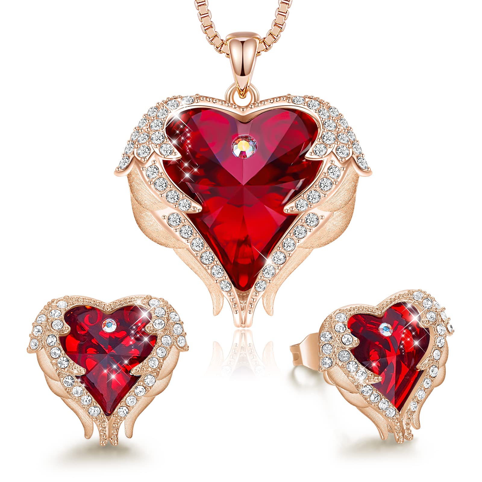 Angel Wing Love Heart Necklace & Earrings Set - Silver & Gold Tone Jewelry for Women - Birthday, Christmas, Anniversary, Valentine's Day Gift for Mom, Wife, Sister & Best Friend - Perfect for Weddings, Date Nights & Special Occasions