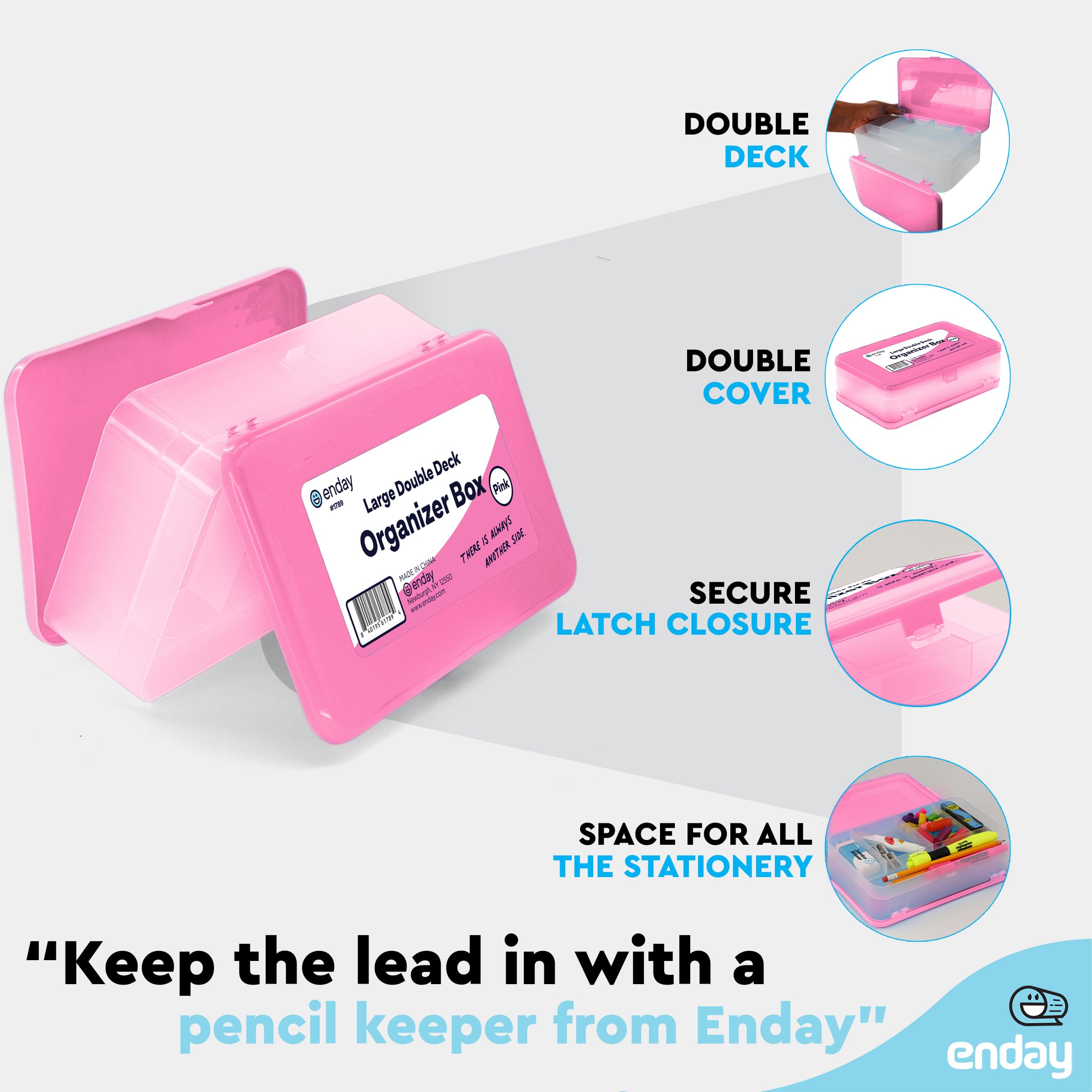Enday Large Capacity Pink Plastic Pencil Box - Double Deck Storage Organizer with 12 Compartments & Snap-Tight Lid - Durable School Supplies for Kids, Students & Office Use - Perfect for Backpack, Desk & Travel Organization