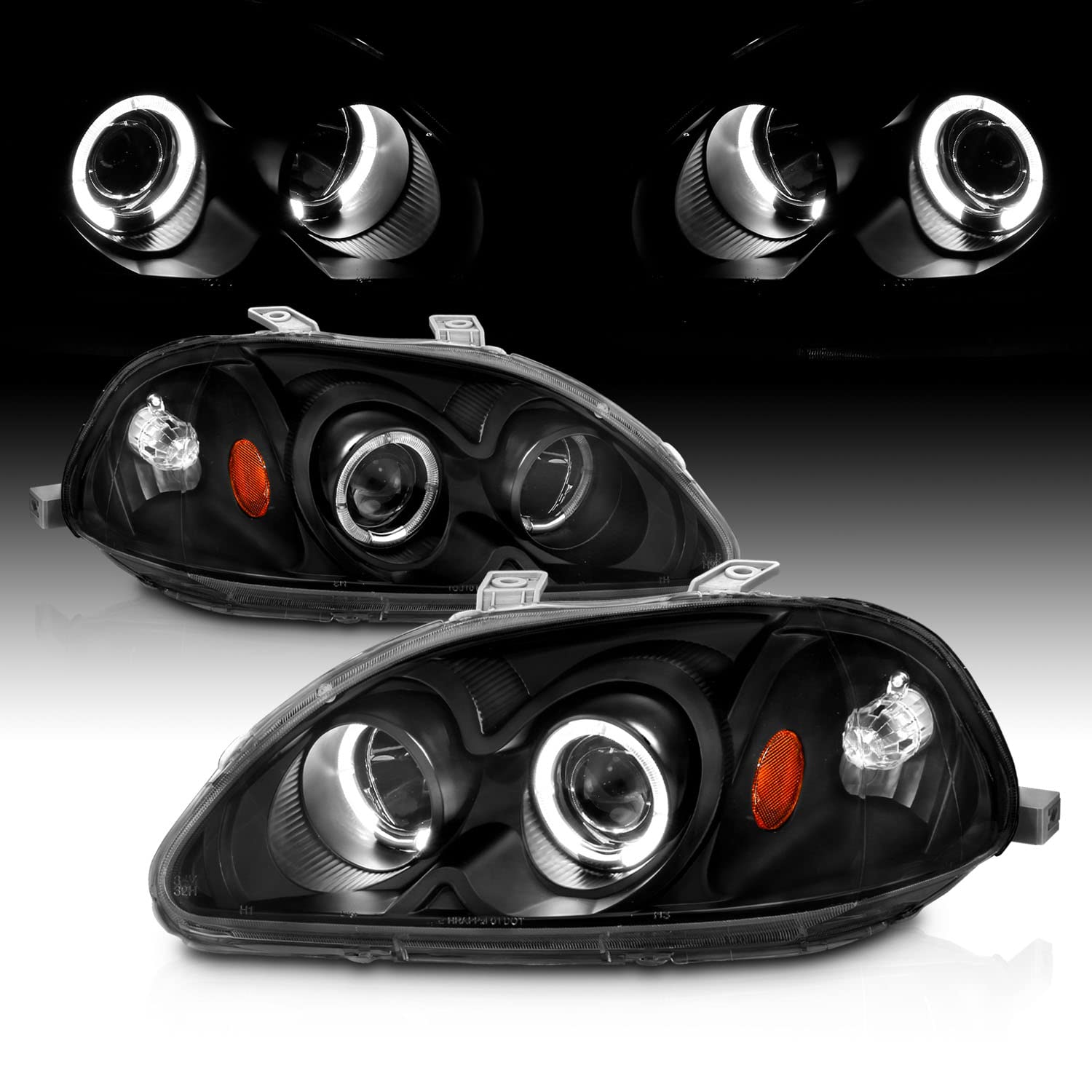 AmeriLite Black Dual LED Halo Projector Headlights Replacement Kit for 1996-1998 Honda Civic - Complete Set (Driver & Passenger Side) - Upgrade Night Visibility for Enhanced Safety