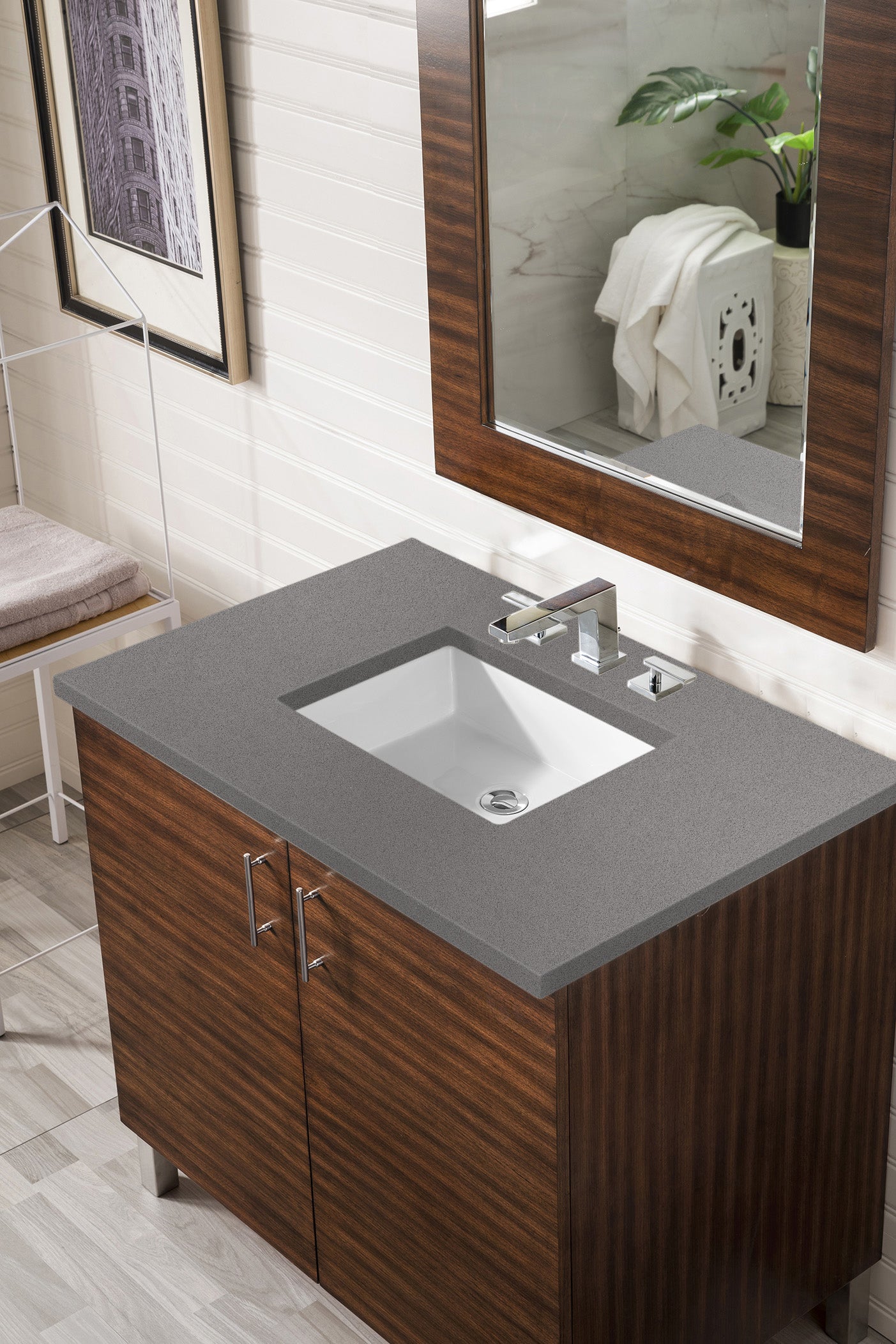 Metropolitan 36 Inch Single Bathroom Vanity with American Walnut Finish & 3CM Gray Expo Quartz Countertop - Perfect for Modern Home Bathroom Remodeling