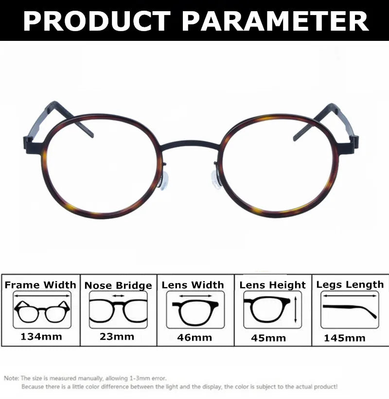 Unisex Full Rim Round Screwless Titanium Acetate Eyeglasses 3033 - Lightweight & Durable Frame for Men & Women - Perfect for Reading, Work & Everyday Use