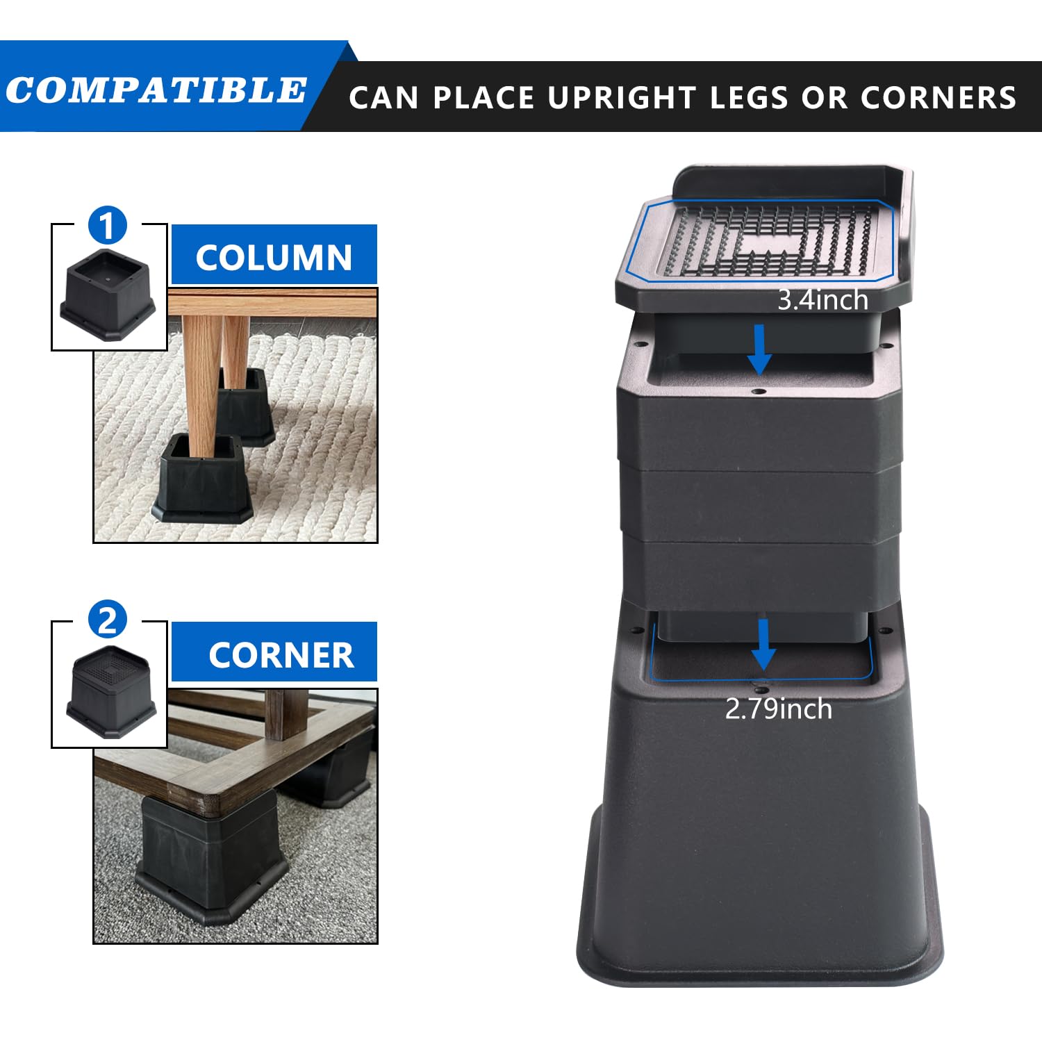 Heavy Duty Adjustable Bed Risers 3-7 Inch - L Shape Furniture Risers for Beds, Tables, Couches, Sofas, Desks & Cabinets (Black) - Perfect for Home, Office & Dorm Room Organization & Space Saving