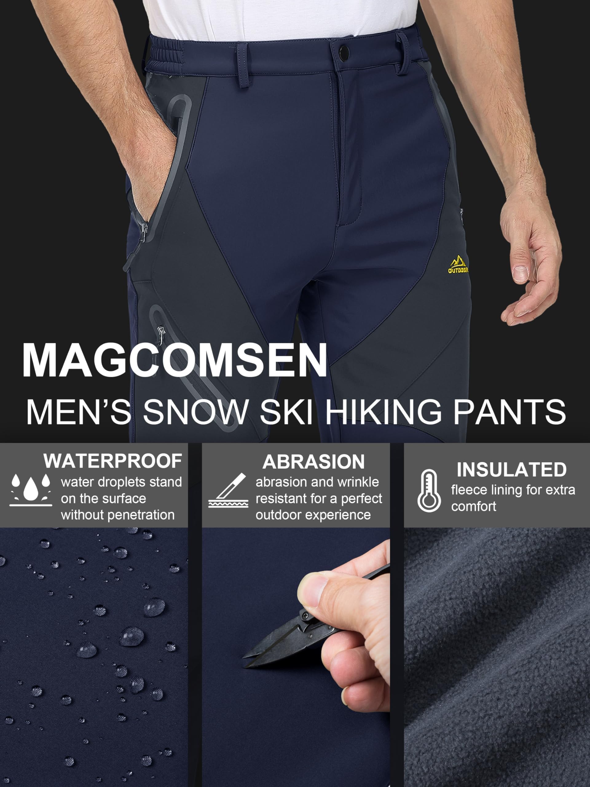 MAGCOMSEN Men's Winter Snow Pants - Fleece Lined Water Resistant Ski Pants with 4 Zip Pockets for Outdoor Activities, Skiing, Snowboarding & Cold Weather Protection