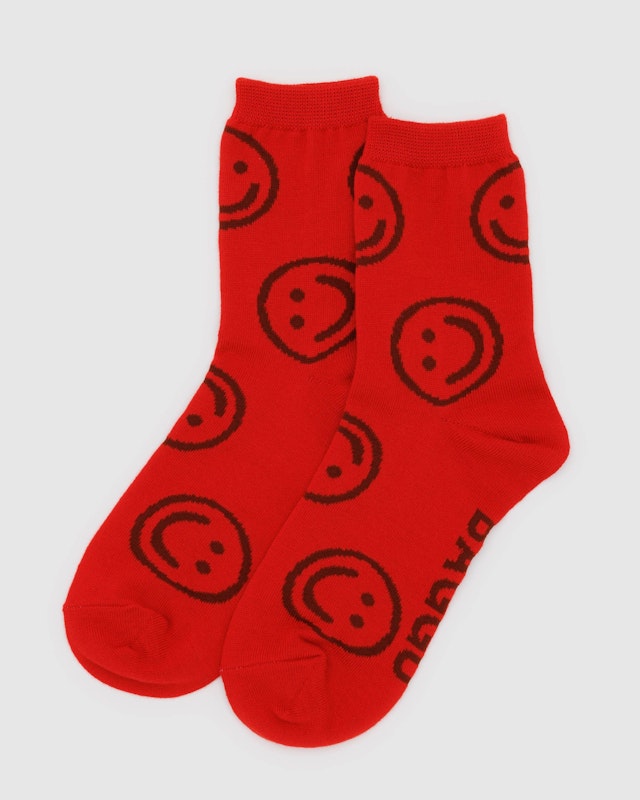 BAGGU Red Happy Crew Socks - Soft Cotton Comfort Socks for Men & Women - Perfect for Everyday Wear, Gifts, and Holiday Cheer