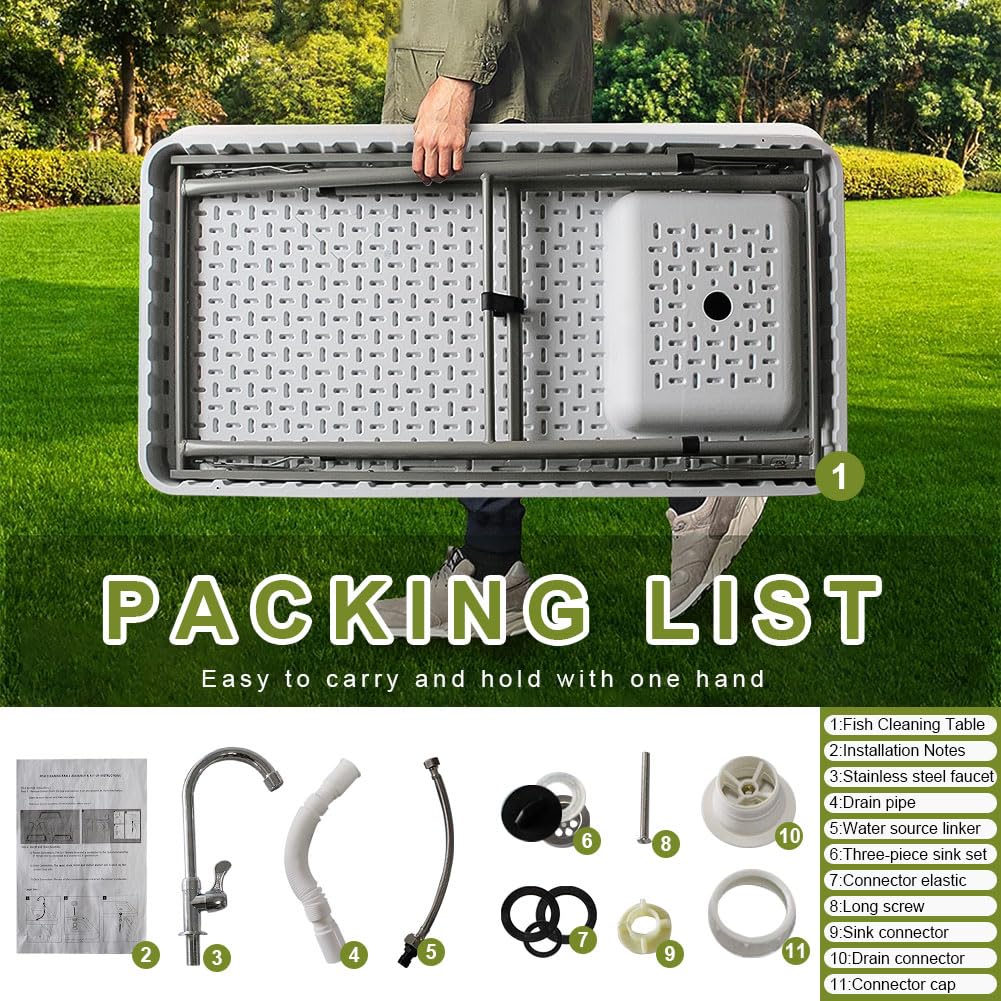 4ft Portable Folding Table with Sink & Faucet - White Outdoor Camping Kitchen Table for Picnic, Fishing, Garden Cleaning & RV Use