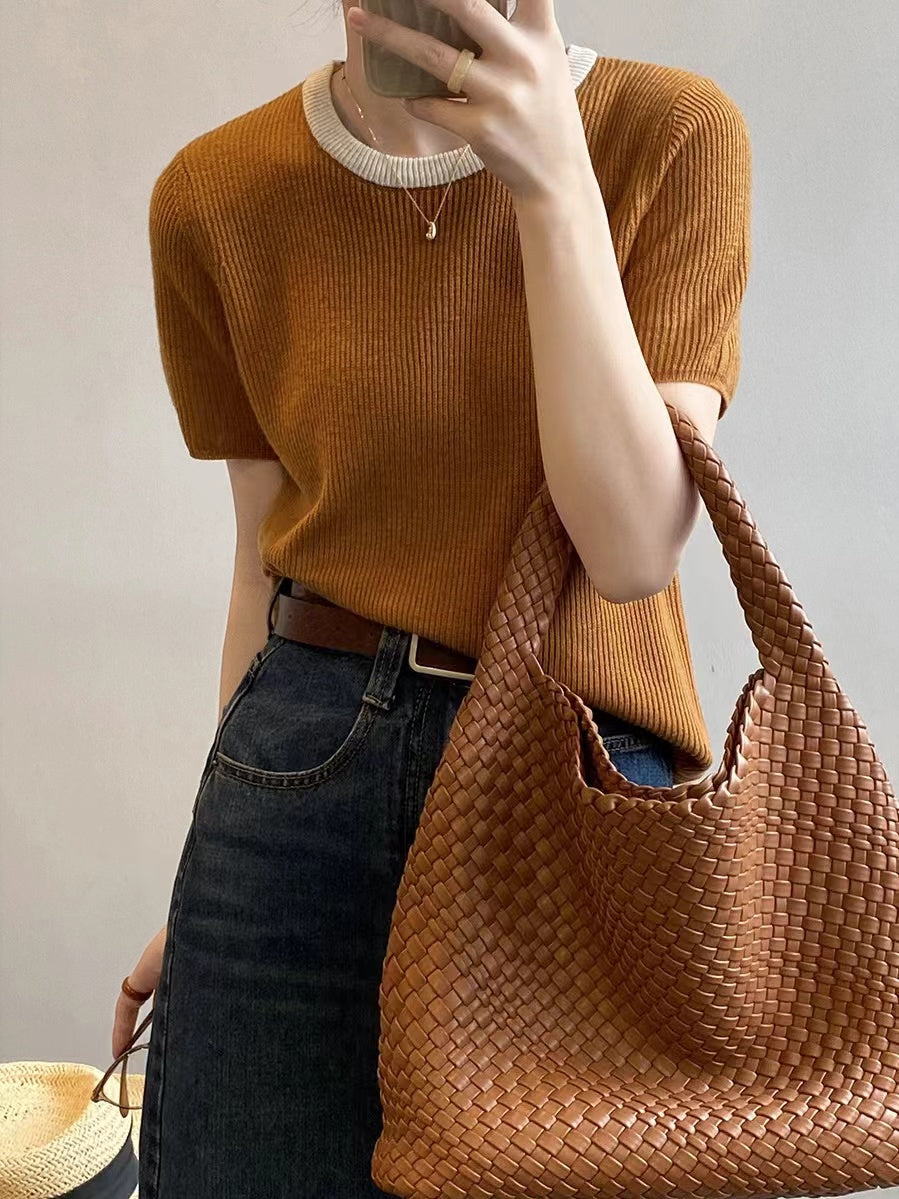 Lovevop Contrast Color Crew Neck Knitted T-Shirt for Women - Soft Cotton Casual Tee for Everyday Wear, Street Style & Layering