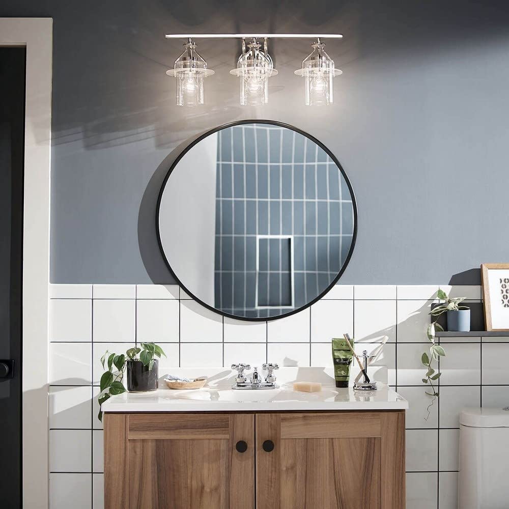 Kichler Everett 34 Inch 3-Light Bathroom Vanity Light with Clear Glass Shades in Polished Nickel Finish - Perfect for Modern Bathroom, Powder Room, and Dressing Room Lighting