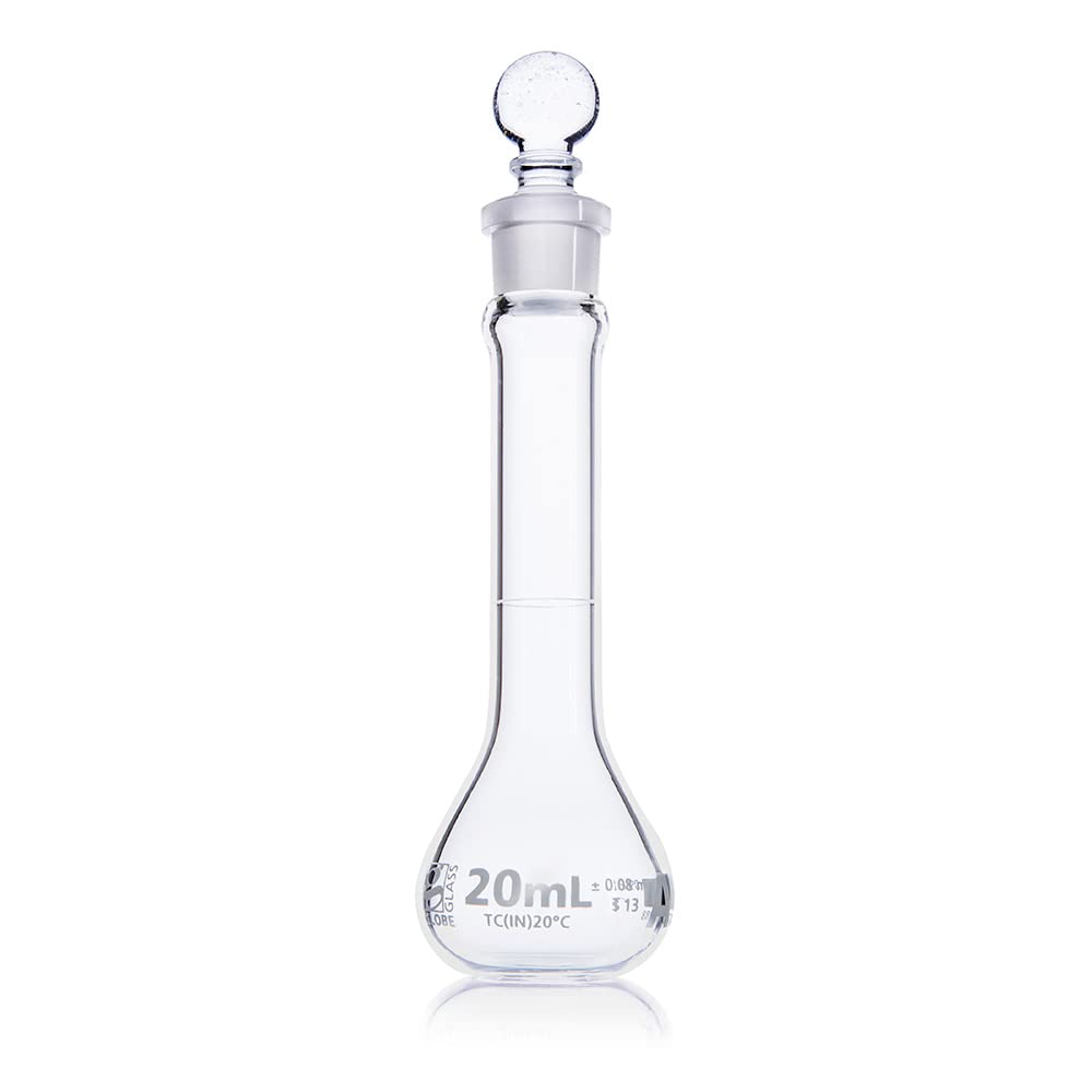 20mL Class A Volumetric Flask - Wide Mouth Globe Glass, Borosilicate 3.3, ASTM E288, TC (To Contain) - 6/Box - Perfect for Chemistry Labs, Scientific Experiments & Precise Liquid Measurements