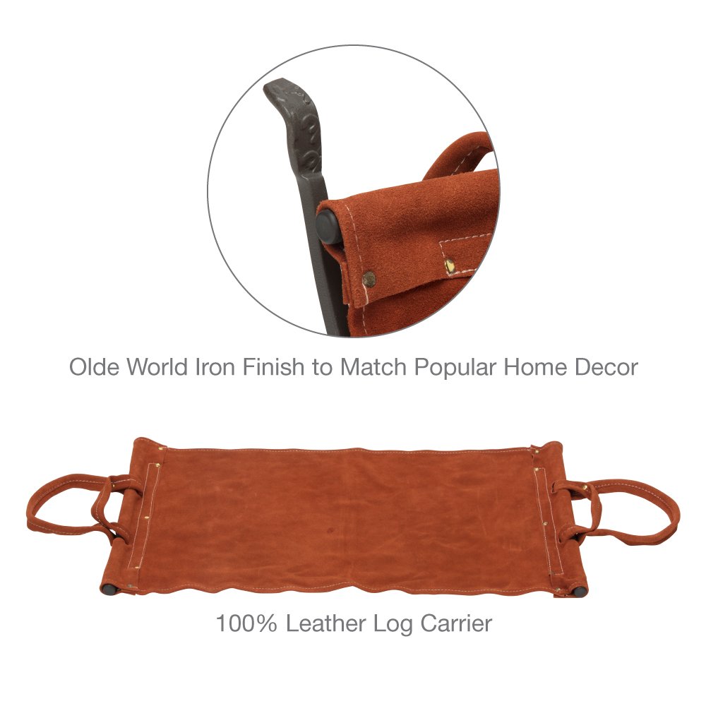Uniflane Olde World Iron Firewood Log Holder with Suede Leather Carrier - Rustic Fireplace Accessory for Indoor/Outdoor Use - Perfect for Firewood Storage by Fireplace, Patio or Camping