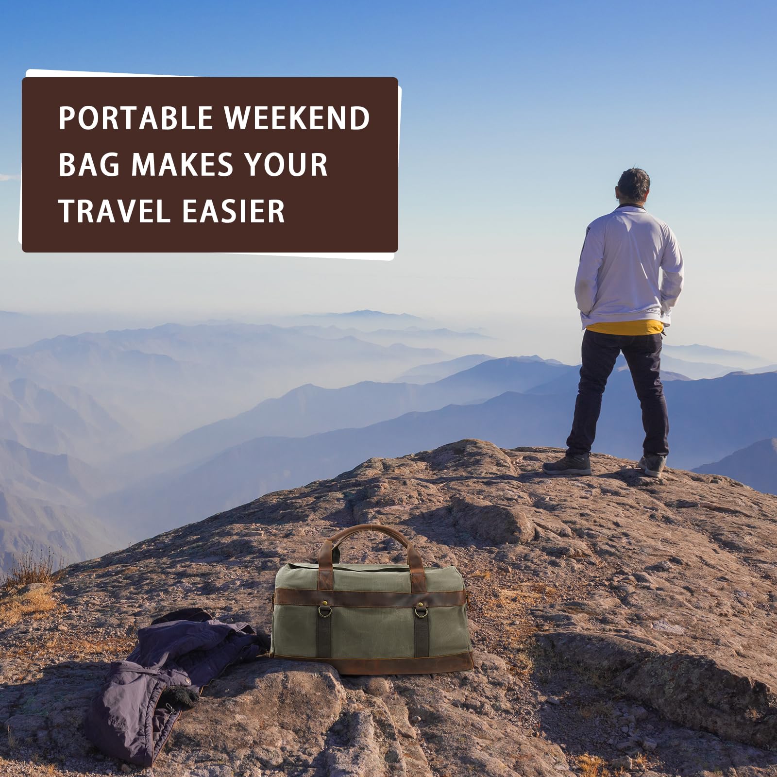 Waterproof Canvas & Genuine Leather Duffel Bag for Business Travel, Weekend Getaways & Overnight Trips - Army Green Weekender Carry-On Hand Luggage | Perfect for Gym, Work Commute & Adventure Travel