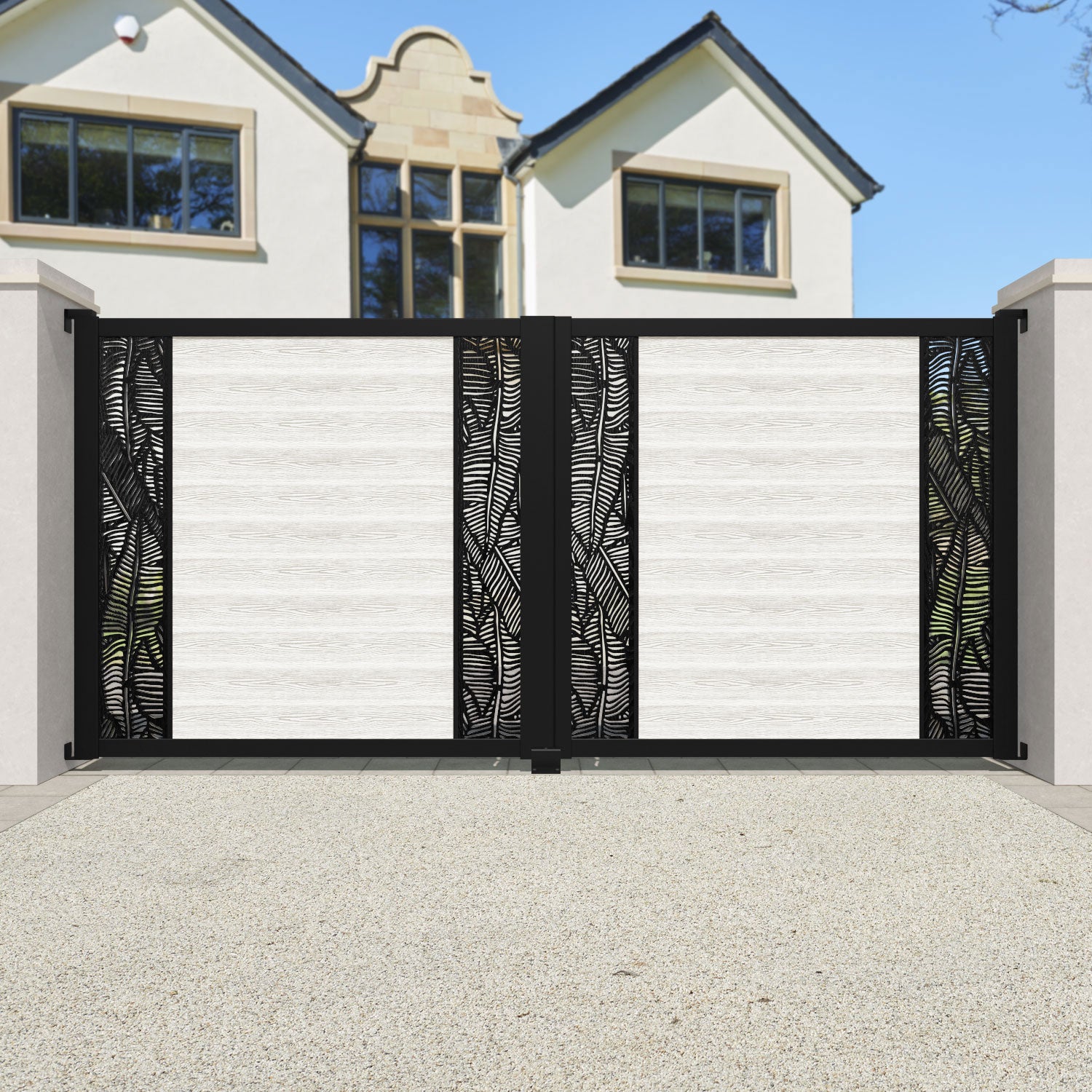 Classic Feather Straight Top Driveway Gate - Light Stone Finish with Middle & End Screen | Elegant Driveway Entrance for Homes & Estates | Perfect for Residential & Commercial Properties