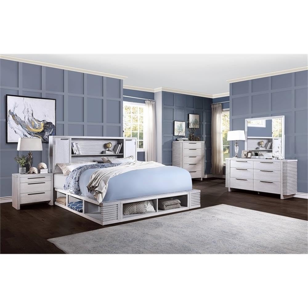 Acme Aromas Queen Size Bed Frame with Built-in Bookcase & Storage - White Oak Finish | Perfect for Small Bedrooms & Studio Apartments