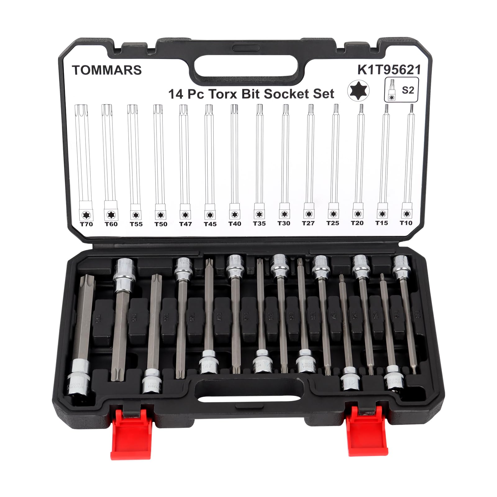 TOMMARS 14-Piece Long Torx Bit Socket Set - S2 Alloy Steel Star Bit Set (T10-T70) for Automotive, Motorcycle & DIY Repairs | Durable Torx Screwdriver Kit for Mechanics & Home Improvement