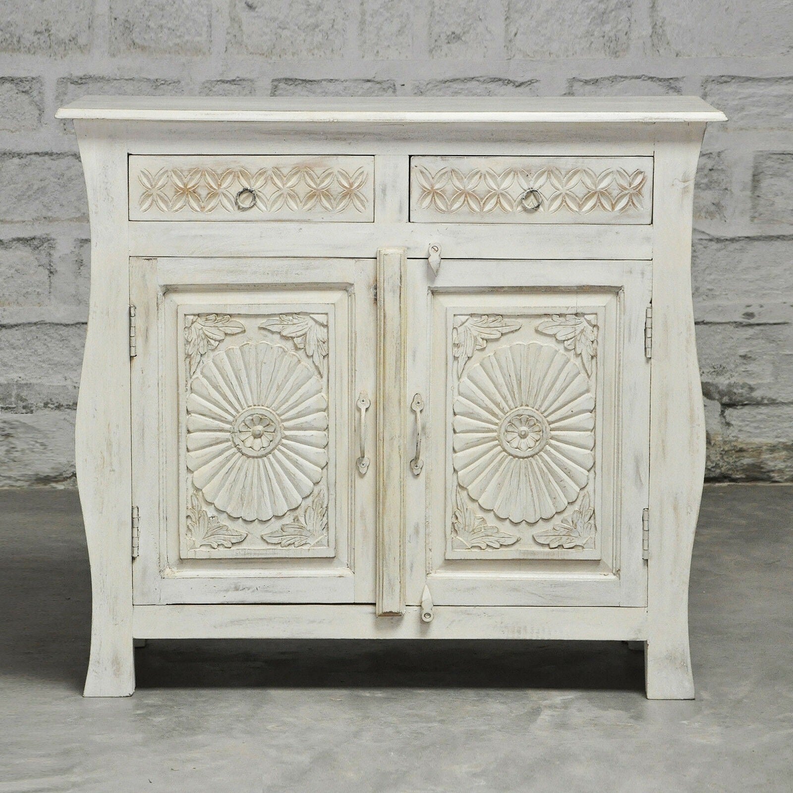 French Colonial Style Hand Carved Solid Wood Sideboard Buffet Cabinet - White Distressed Finish for Dining Room, Living Room & Entryway Decor
