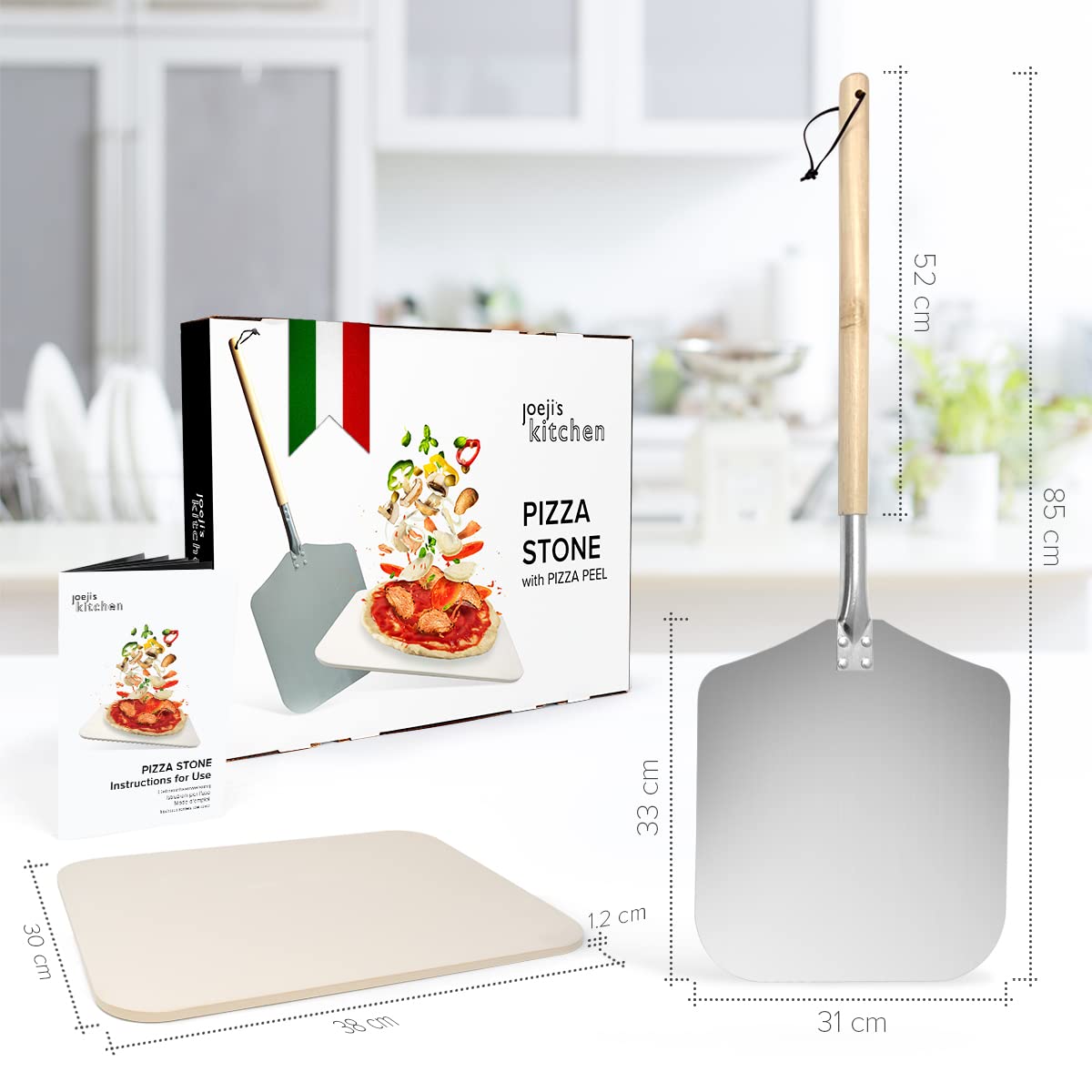 Joeji's 30 x 38cm Cordierite Pizza Stone & Aluminum Peel Set with Removable Wooden Handle - Perfect for Oven, Grill, BBQ - Ideal for Baking Bread, Pizza, Cookies & More