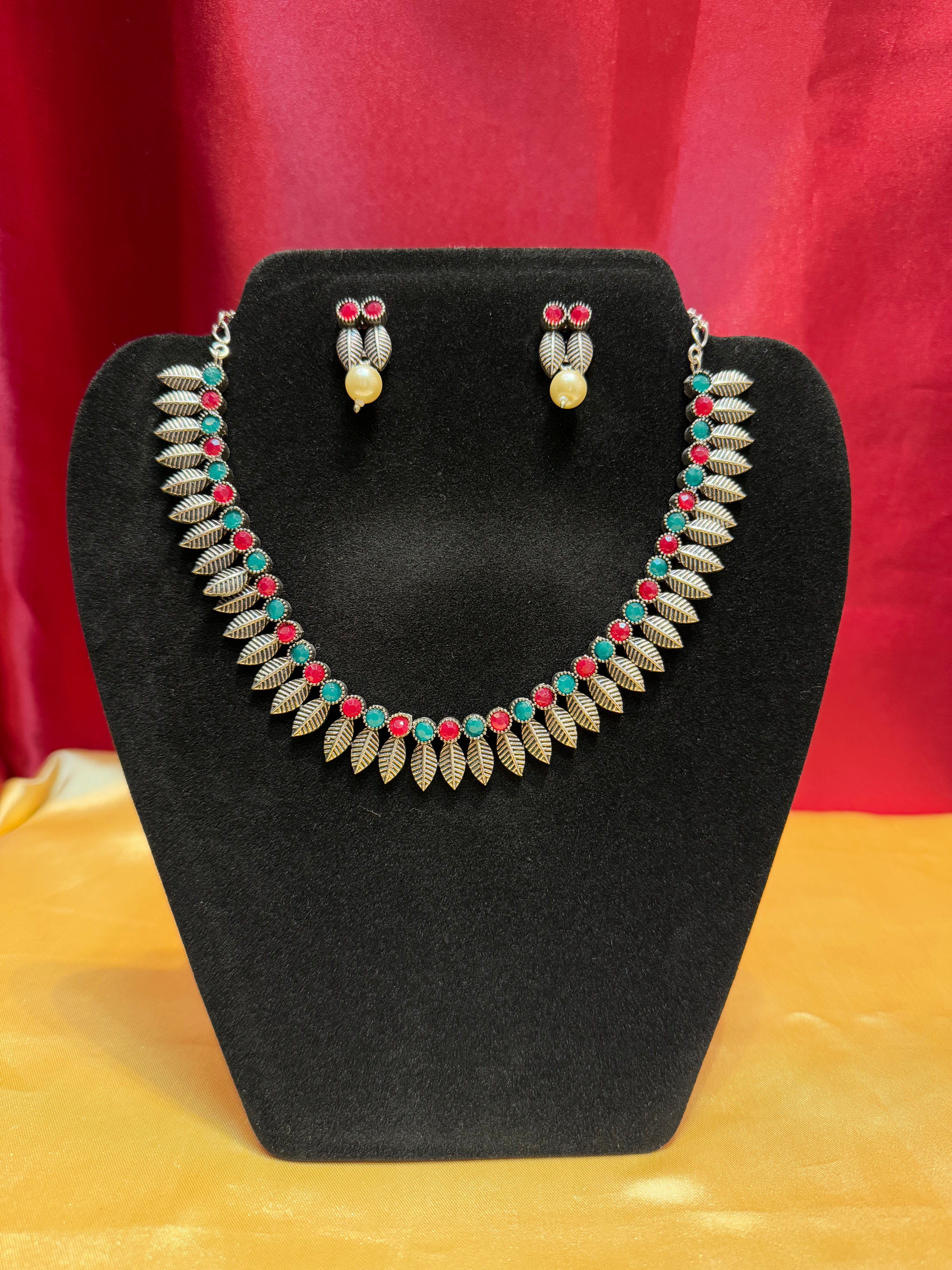 Elegant Multicolor Oxidized Leaf Shaped Necklace & Earrings Set - Perfect for Boho Fashion, Wedding Jewelry & Everyday Wear