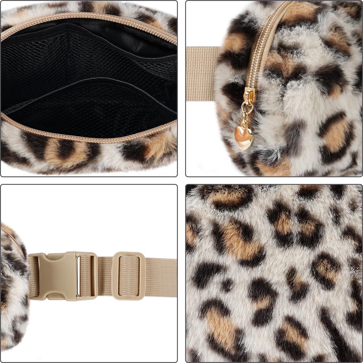 **Fuzzy Plush Waist Pack Fanny Bag for Women & Girls - Cute Leopard Print Crossbody Belt Bag, Trendy Fashion Accessory for Teens, Kids, Sisters - Perfect for Travel, Shopping, Concerts & Daily Use (Cream)**