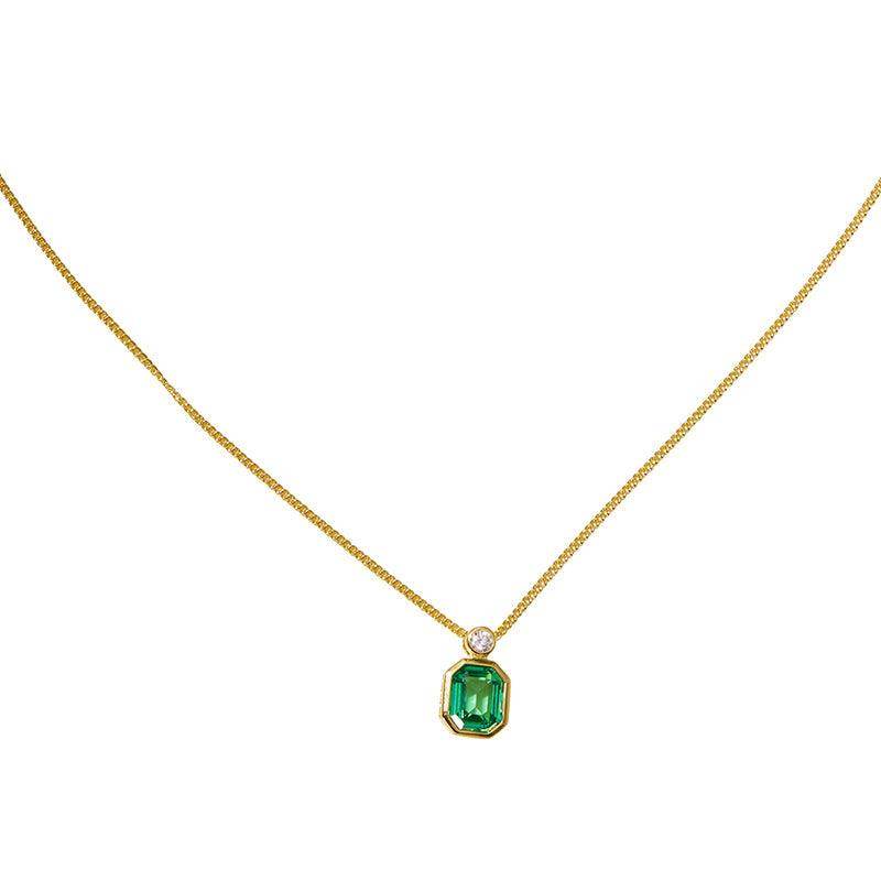 Octagonal Green Emerald Jewelry Necklace for Women - S925 Sterling Silver Gold Plated Square Pendant Clavicle Chain - Perfect for Parties, Weddings & Everyday Elegance