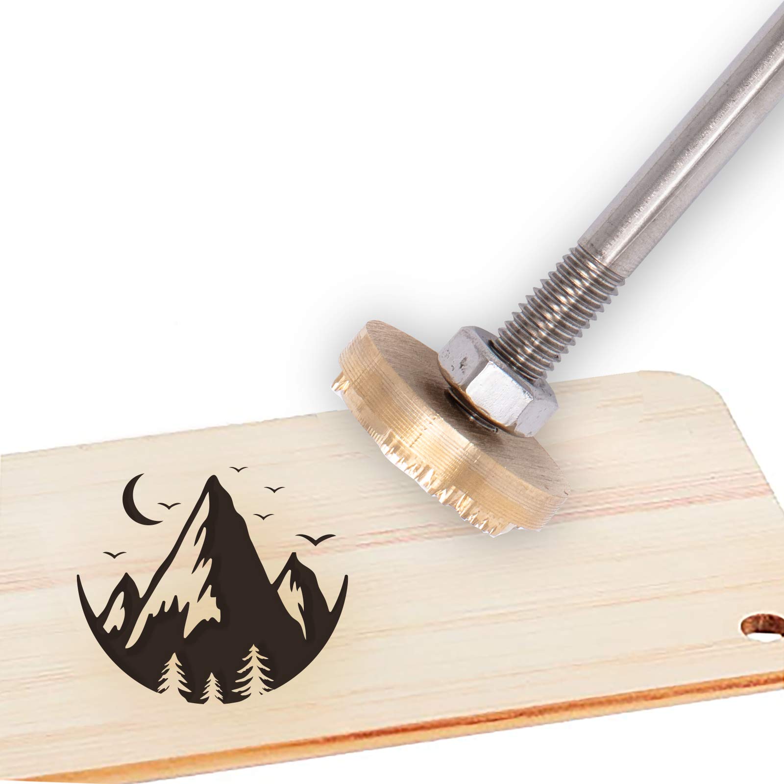 SUPERFINDINGS 1PC Brass Leather Branding Iron Stamp - Mountain Pattern Design for Wood Burning, Leather Crafting & Baking (30mm Round, Golden Finish, Long Handle) - Perfect for DIY Projects, Leatherworking & Woodworking Crafts