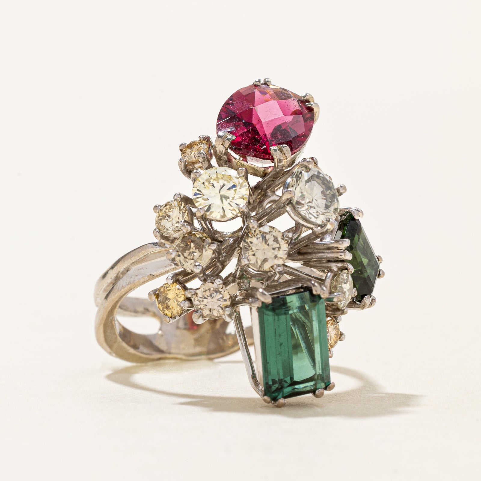1.16ctw Multi Color Tourmaline & Diamond Cocktail Ring for Women | 3.55ctw Gemstone Jewelry | Size 6 | Elegant Party, Wedding & Evening Wear Accessory