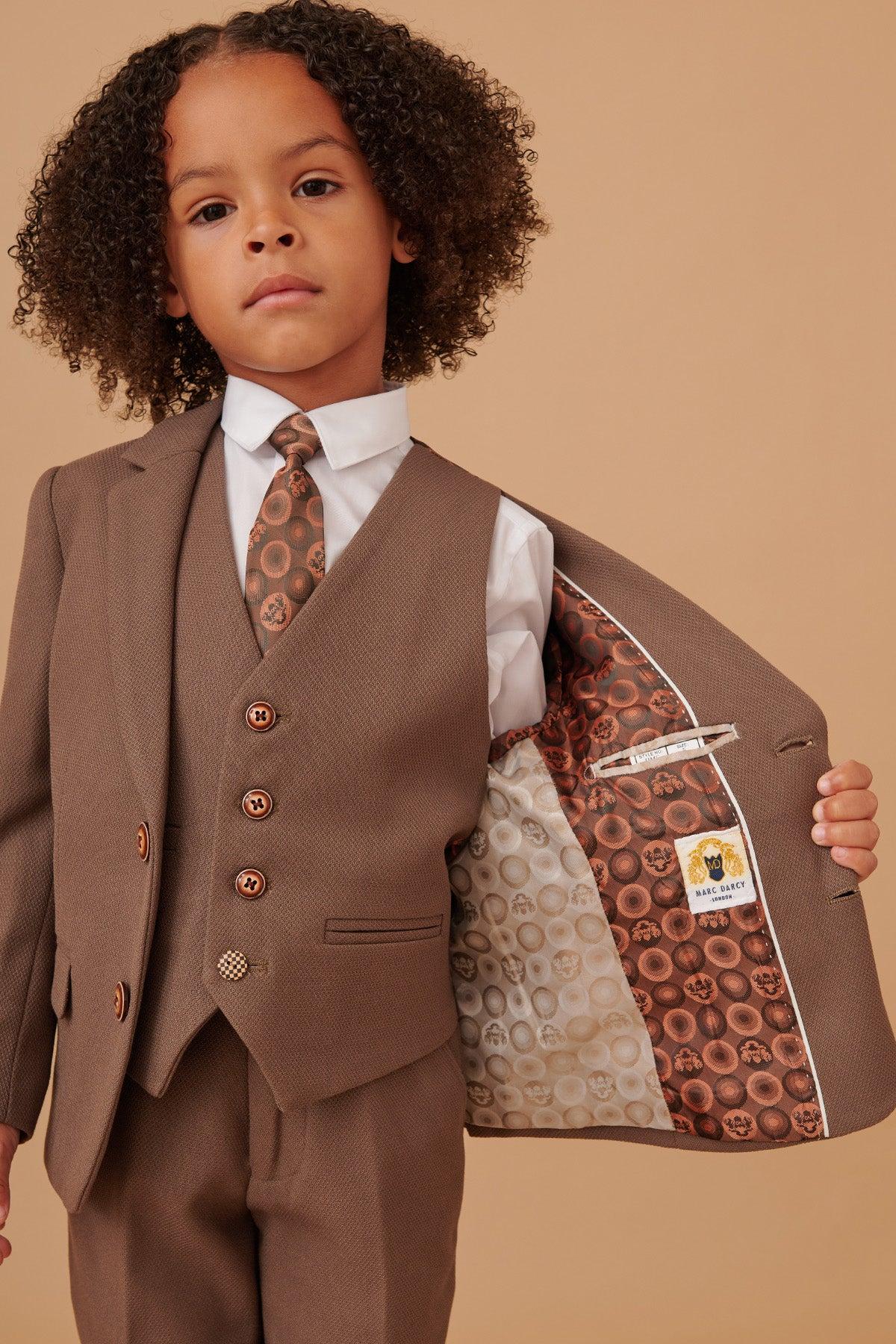 HM5 Kids' Tan Tailored 3-Piece Suit for Boys | Formal Wear for Weddings, School Photos & Special Occasions