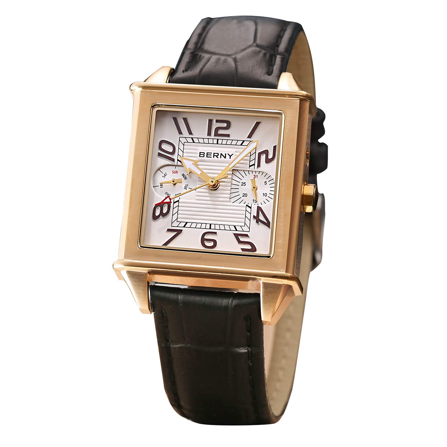 BERNY Men's Square Swiss Movement Quartz Watch with Calendar & Leather Strap - Stylish Dress Watch for Business, Formal Events & Everyday Wear
