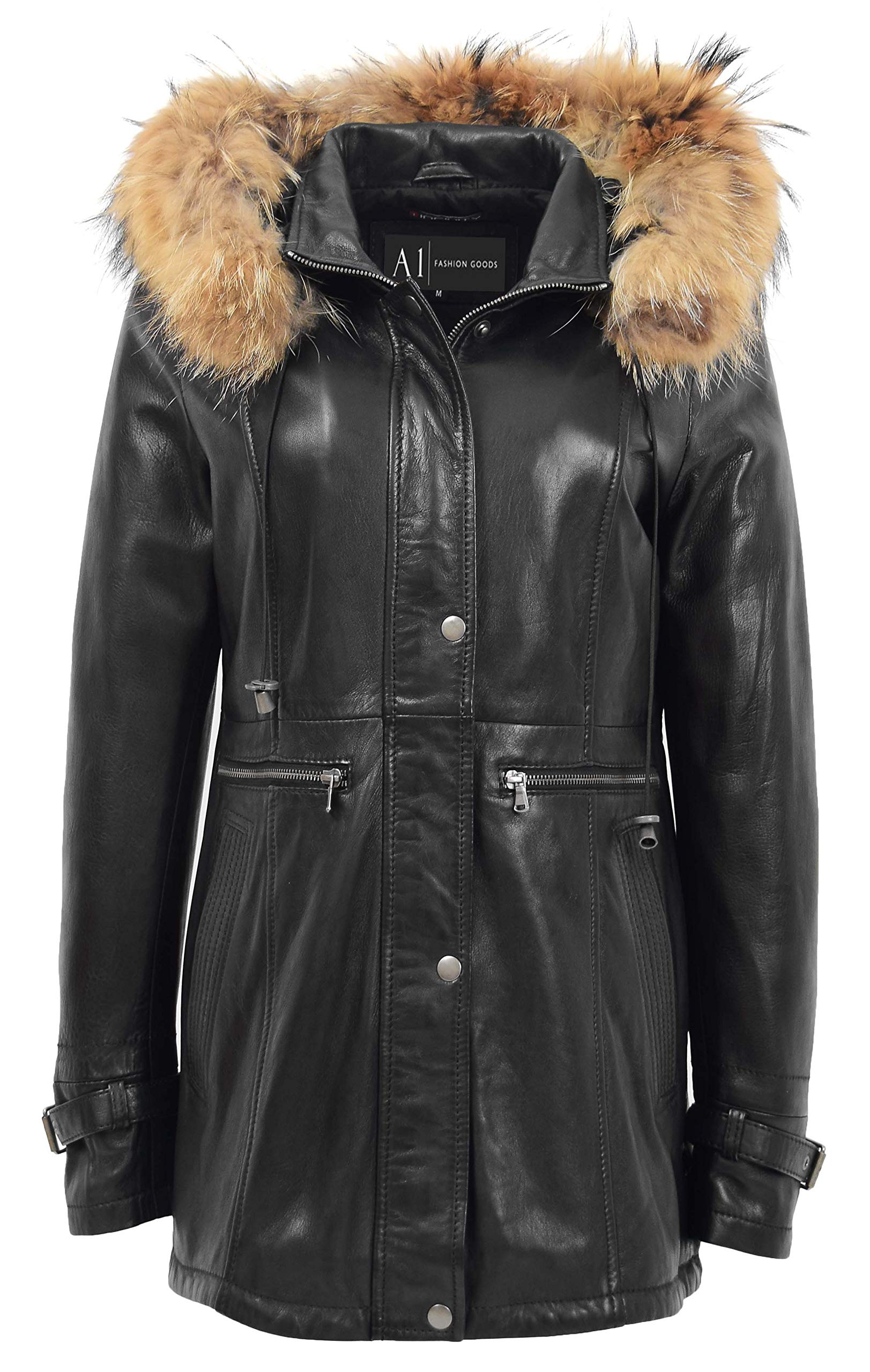 Genuine Black Leather Duffle Coat for Women - Removable Hood Parka Jacket with Warm Lining | Perfect for Winter Travel, Outdoor Adventures & Casual Fashion