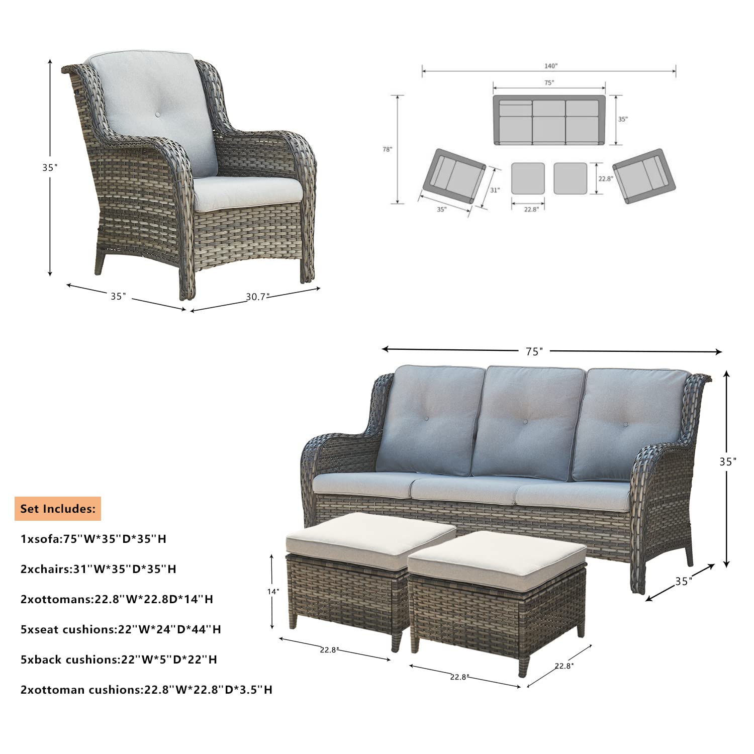 5-Piece Outdoor Patio Wicker Furniture Set - Rattan Sectional Sofa with 3-Seat Couch, 2 Armchairs & 2 Ottoman Footrests - Grey/Grey Mix - Perfect for Garden, Backyard, Poolside & Outdoor Conversation Areas