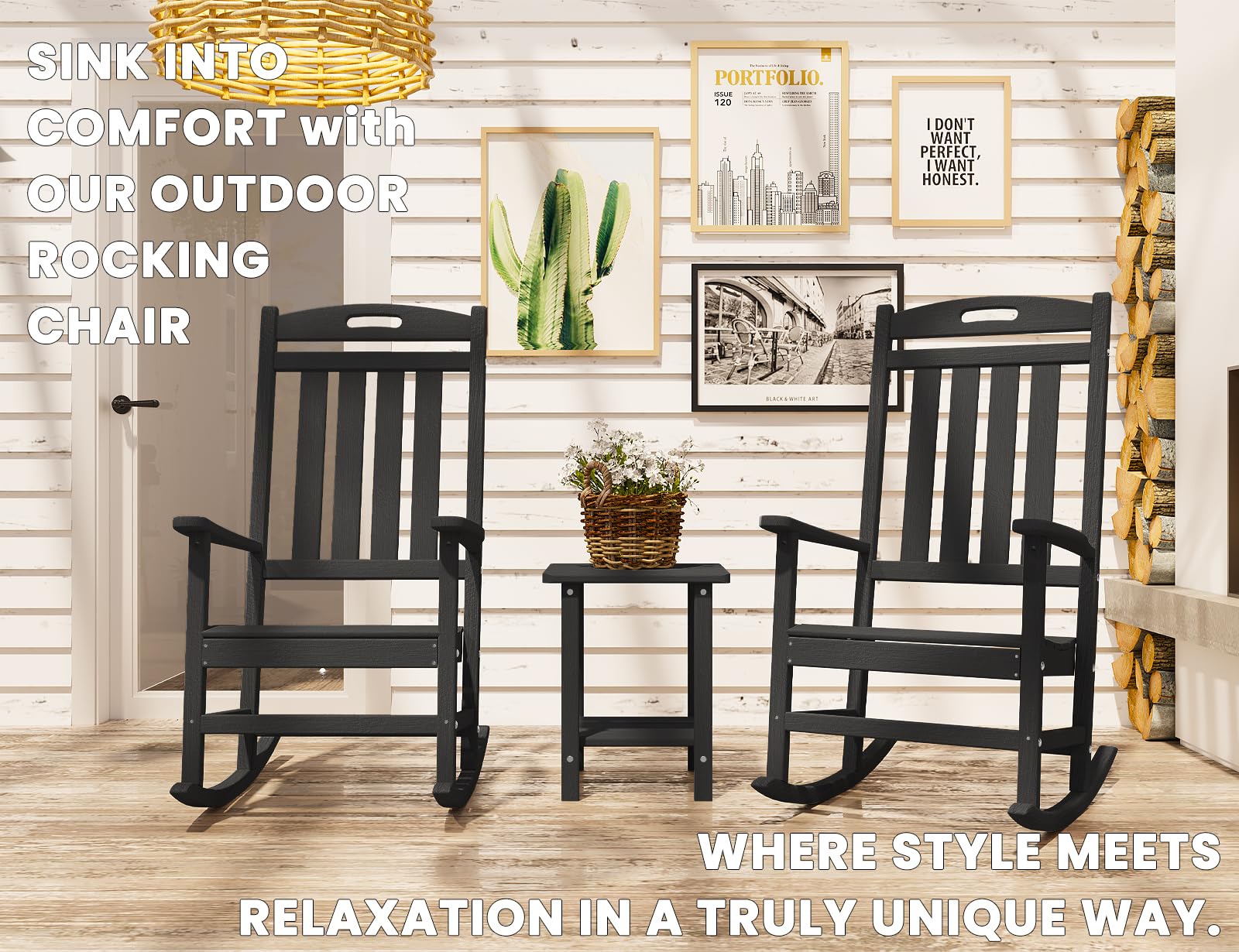 **Outdoor Rocking Chair - High Back HDPE Patio Rocker, All-Weather Resistant Porch & Lawn Chair for Deck, Backyard, Garden or Indoor Use - Perfect for Relaxing, Reading & Enjoying Nature (Black)**