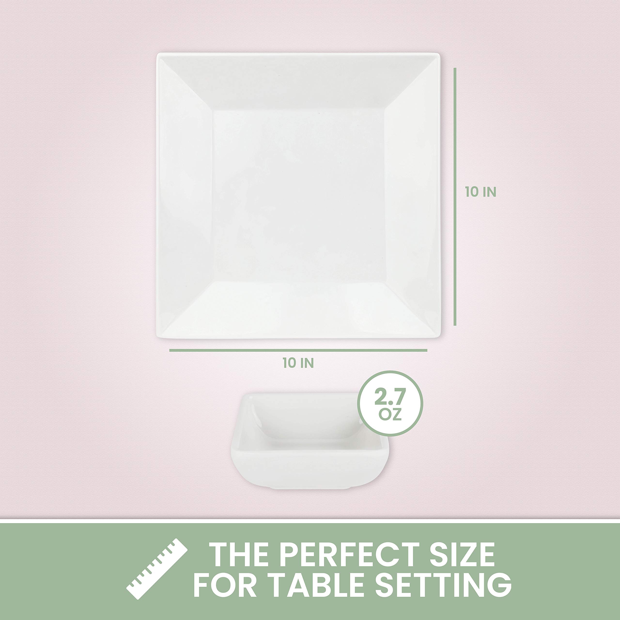 [6 Sets of 4] 10x10 Inch White Square Melamine Plates - Unbreakable Elegant Dinnerware Set with Sauce Dish - Perfect for Restaurants, Picnics, Parties & Outdoor Dining