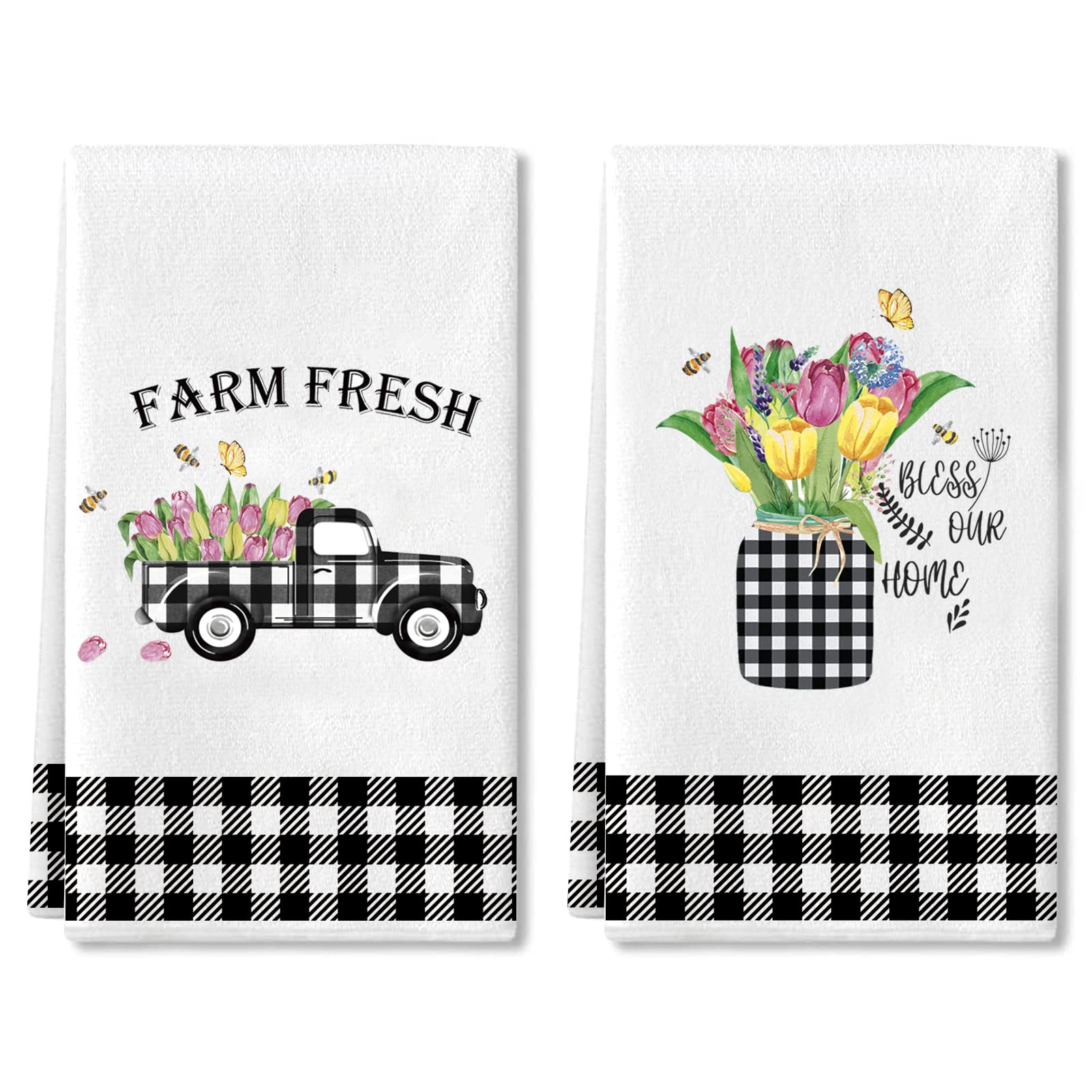 Farmhouse Tulip Kitchen Towels Set of 2 - Absorbent 18x28 Inch Plaid Tea Towels for Cooking, Baking & Drying Dishes - Farm Fresh Home Sweet Home Decor with Floral Truck Design - Perfect for Country Kitchen, Farmhouse Decor & Housewarming Gifts