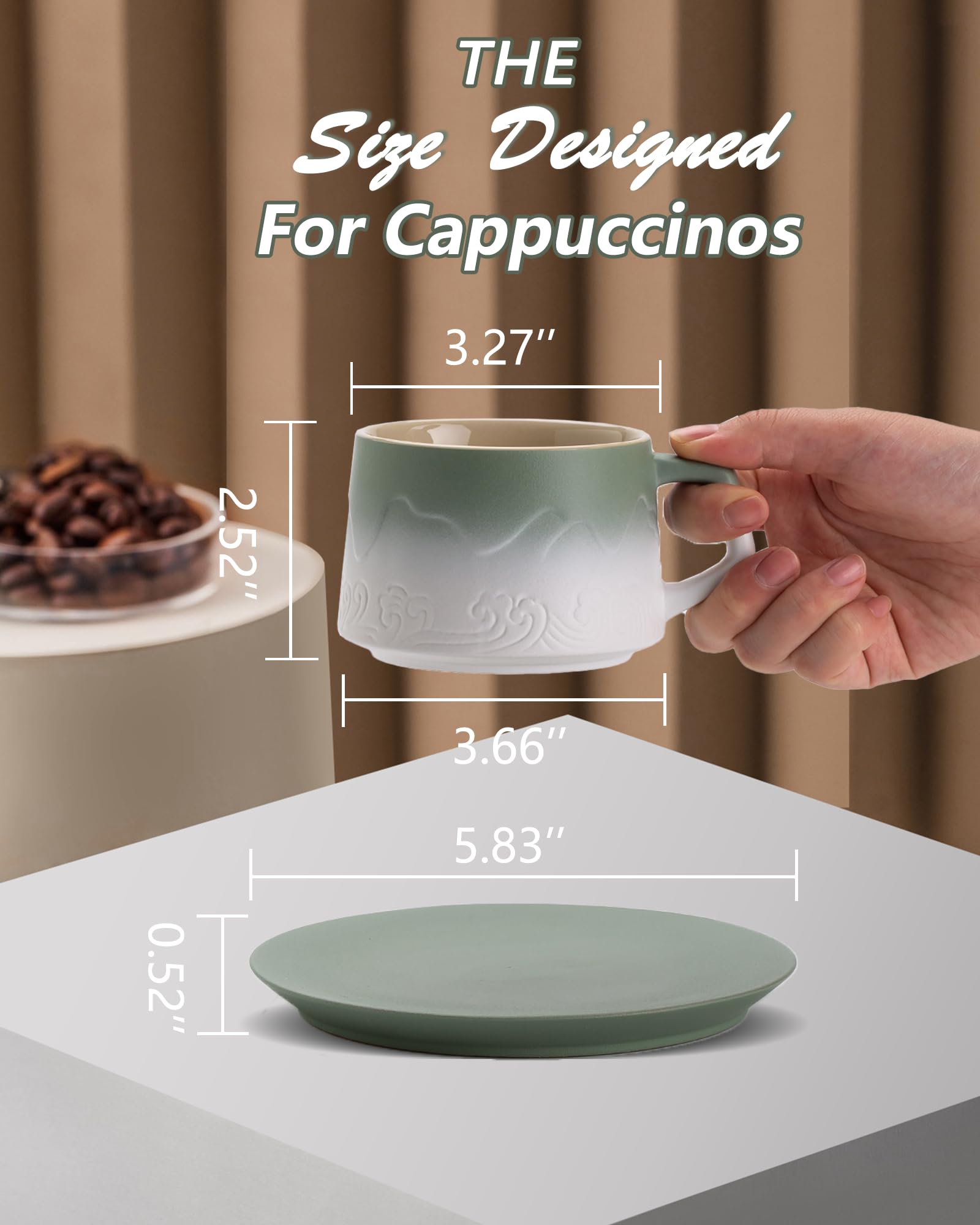 Premium 8oz Ceramic Cappuccino Cups Set of 2 with Saucers - Artistic Embossed Design for Latte Art, Perfect for Espresso, Au Lait, Matcha Tea - Moss Green & White Coffee Mugs - Ideal for Home Cafes, Gifts & Coffee Shops