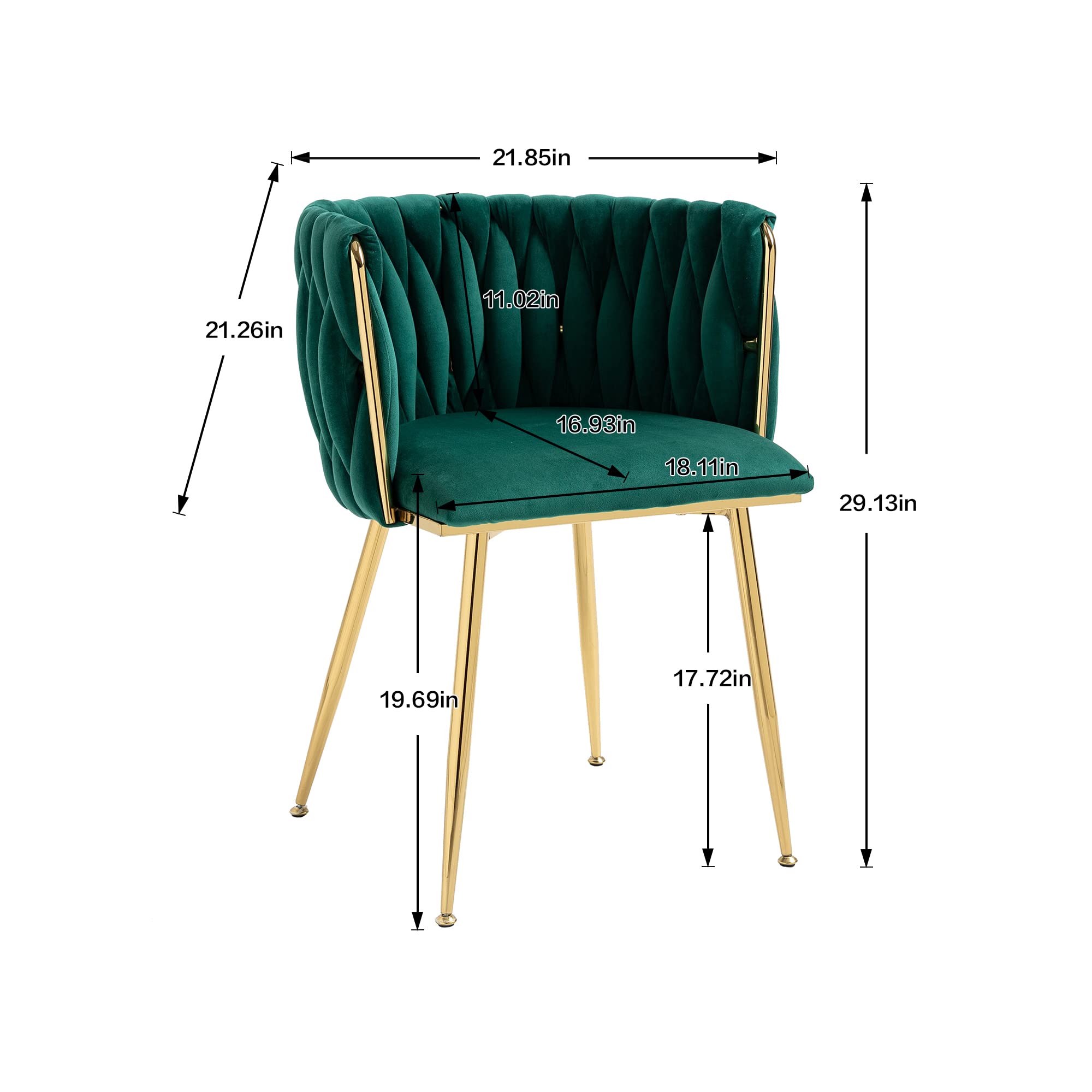 Modern Velvet Dining Chairs Set of 2 - Mid Back Support Living Room Chairs with Gold Frame & Woven Trim - Emerald Green Upholstered Club Chairs for Dining Room, Kitchen, Dressing Table | Perfect for Home Decor, Entertaining Guests & Cozy Reading Nook