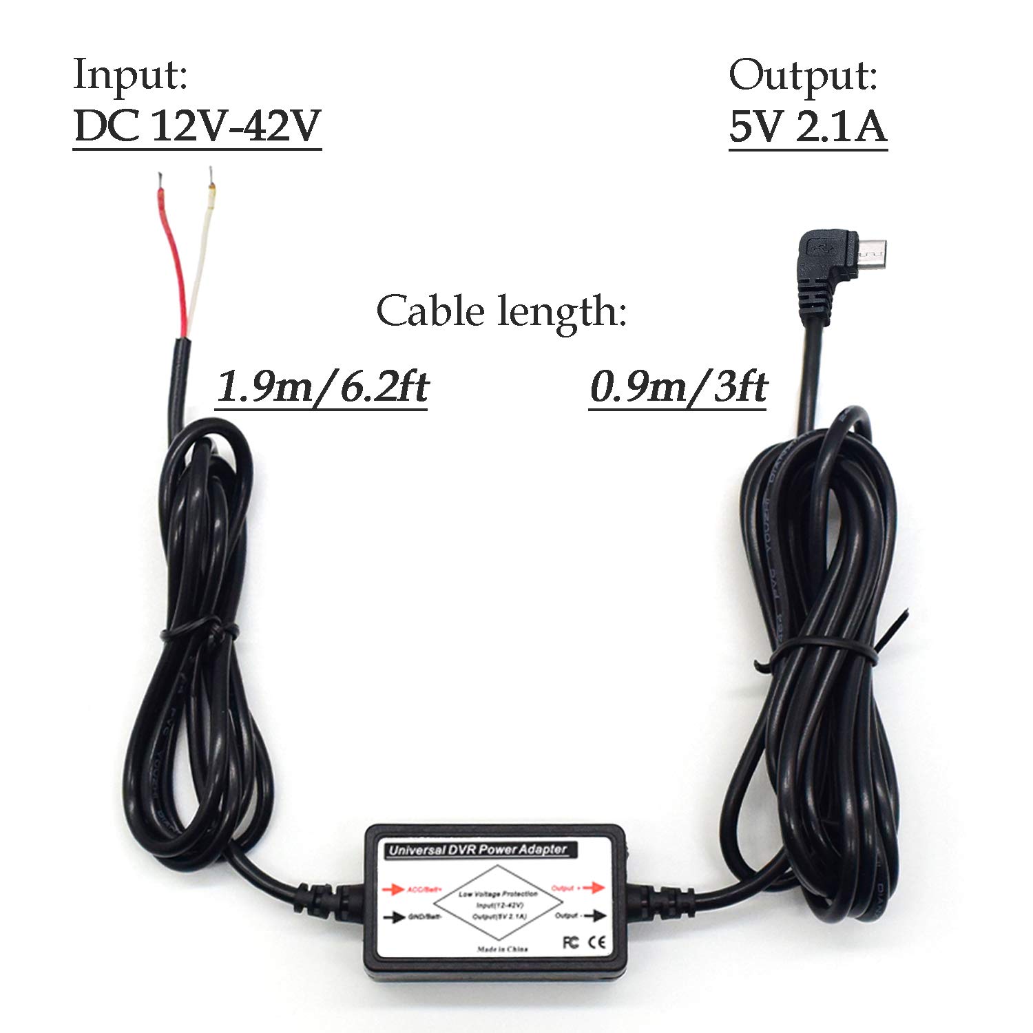 12V to 5V Right Angle Micro USB Car Charger Cable - Dash Cam Hardwire Kit for GPS, DVR & Tablets - 12-24V Input - Perfect for Dash Cams, Car Navigation & Vehicle Recording Systems