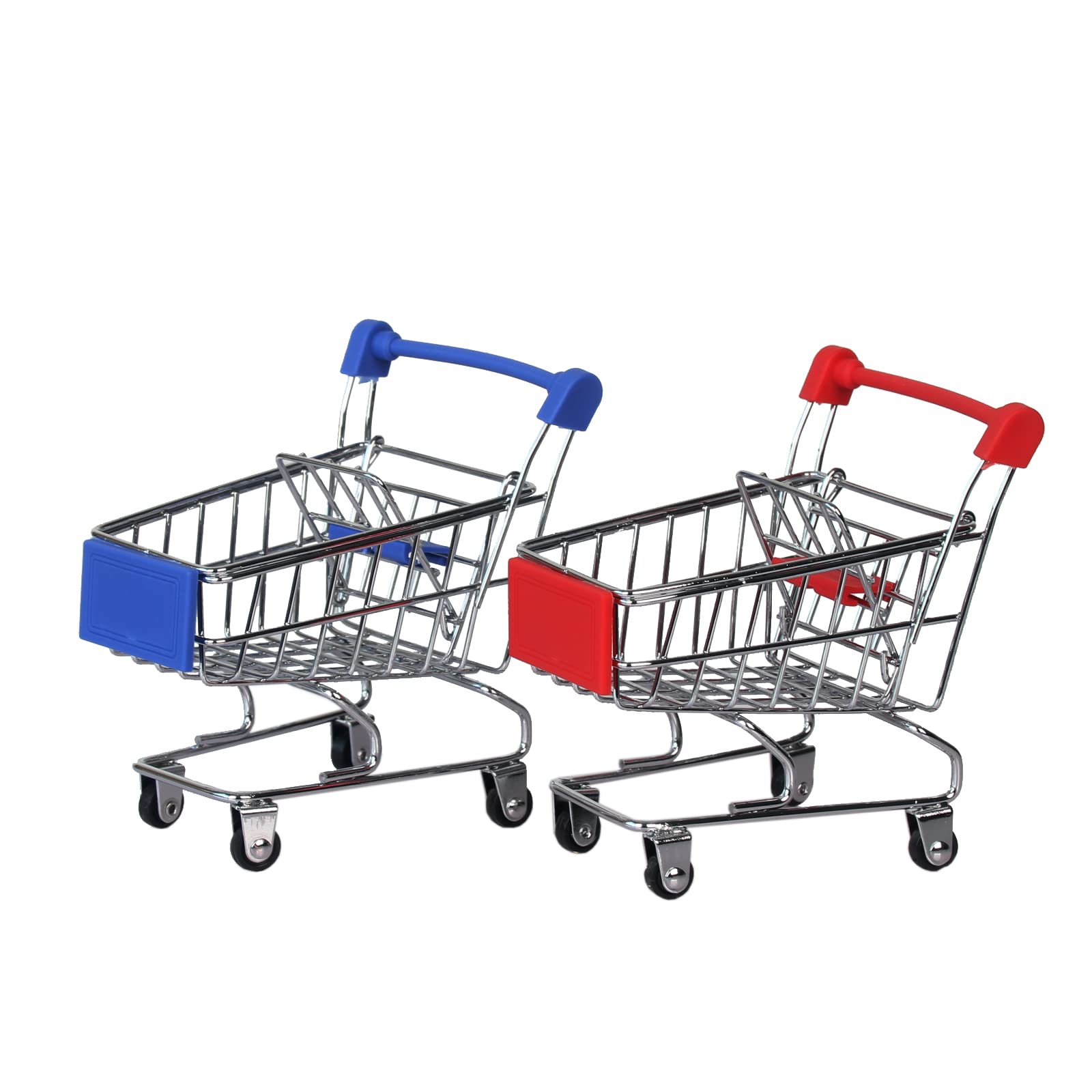 Mini Shopping Cart Toys for Kids - Blue & Red 2-Piece Set - Tabletop Mini Storage Decor & Pretend Play Trolley Model - Perfect for Role Play, Home Decor, and Classroom Activities