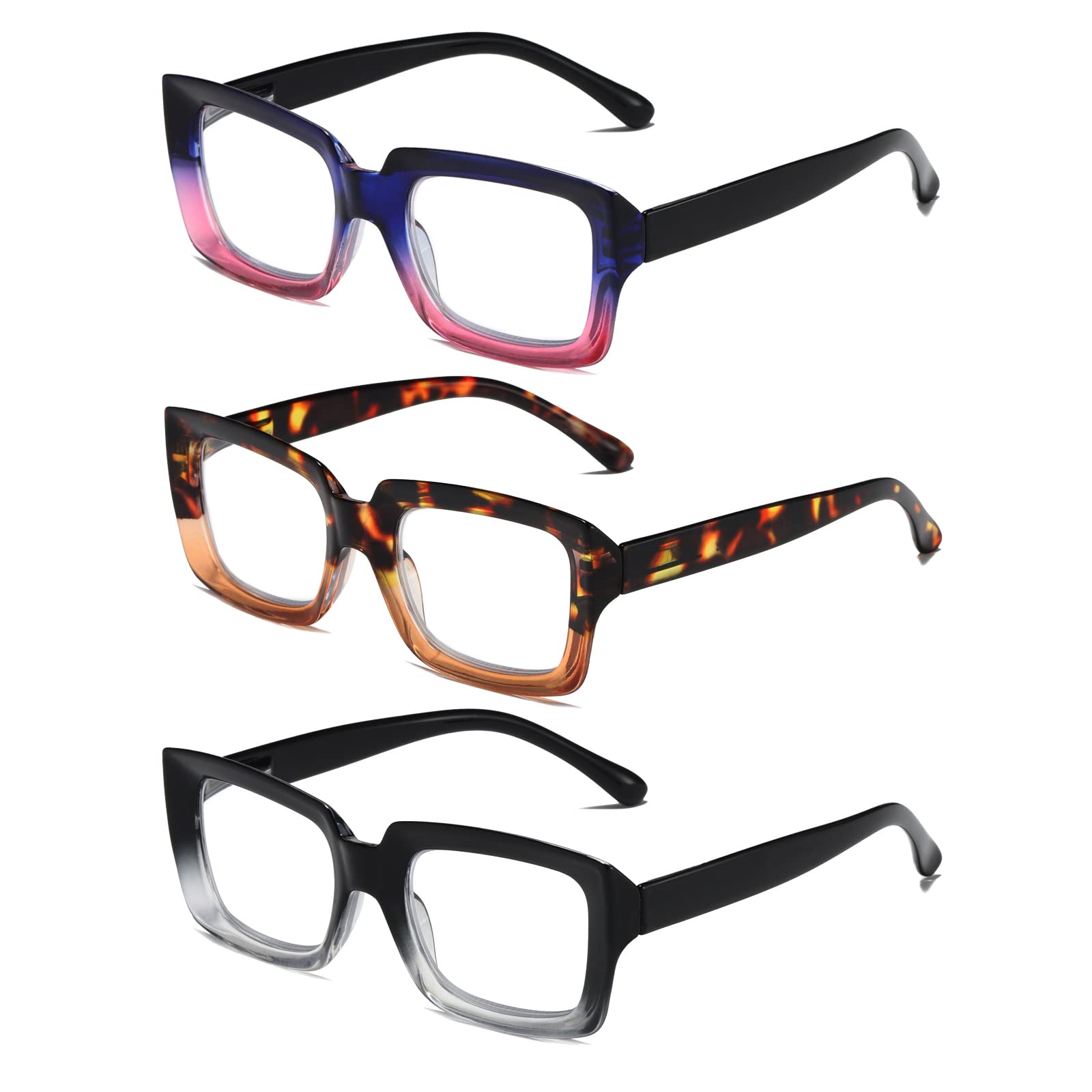 PRTCSLWD 3 Pack Square Reading Glasses for Women - Blue Light Blocking Computer Glasses +3.5 Magnification, Oversized Oprah Style Frames - Perfect for Office Work, Reading & Screen Time