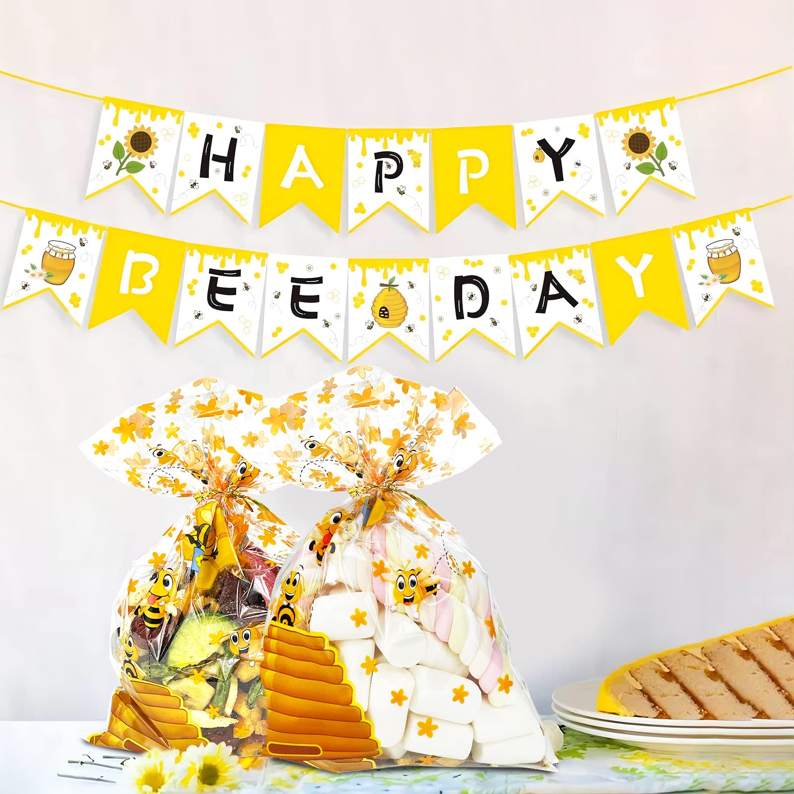 Bnsikun 100 Pcs Yellow Bee-Themed Cellophane Gift Bags - Perfect for Baby Showers, Birthday Parties & Candy Treats | Reusable Plastic Goodie Bags for Bee Theme Party Supplies & Favor Packaging