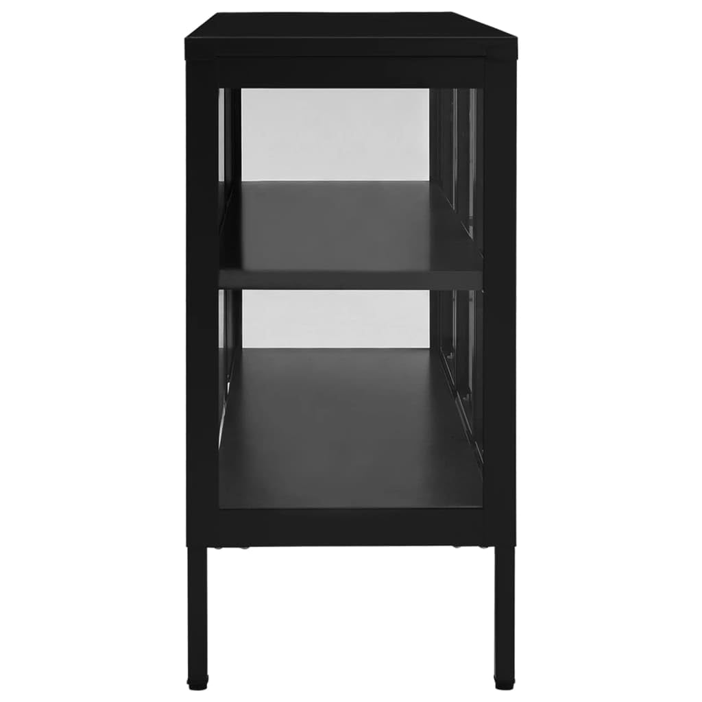 vidaXL Powder-Coated Steel Sideboard - Black Tempered Glass Door Storage Cabinet with Adjustable Shelf | Sturdy Bookshelf & Decorative Display Cabinet for Living Room, Office & Bedroom Organization