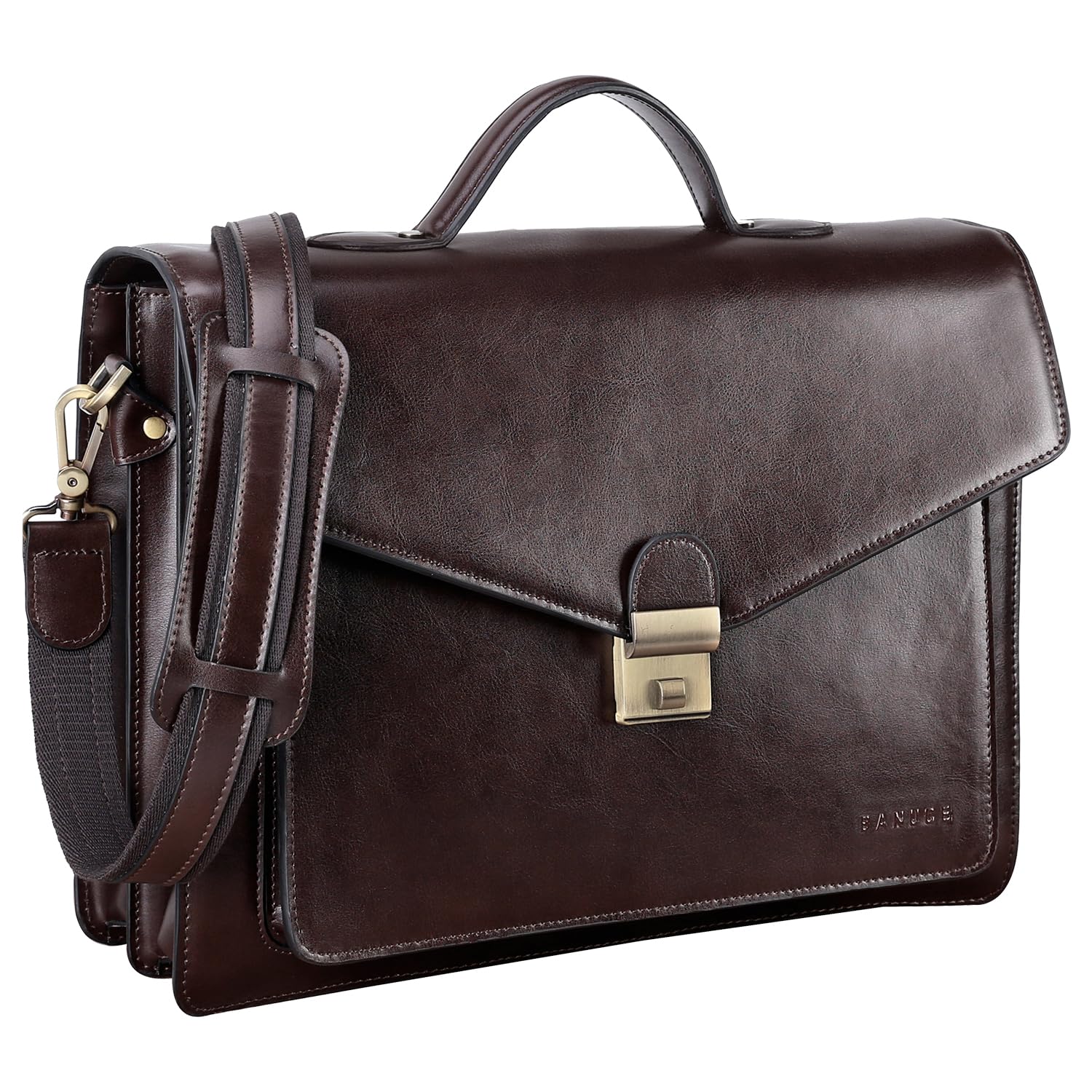 Vintage Leather Briefcase for Men - 14 Inch Laptop Business Bag with Lock & Luggage Strap - Professional Hard Attache Case in Dark Brown - Perfect for Office, Work, Travel & Business Meetings