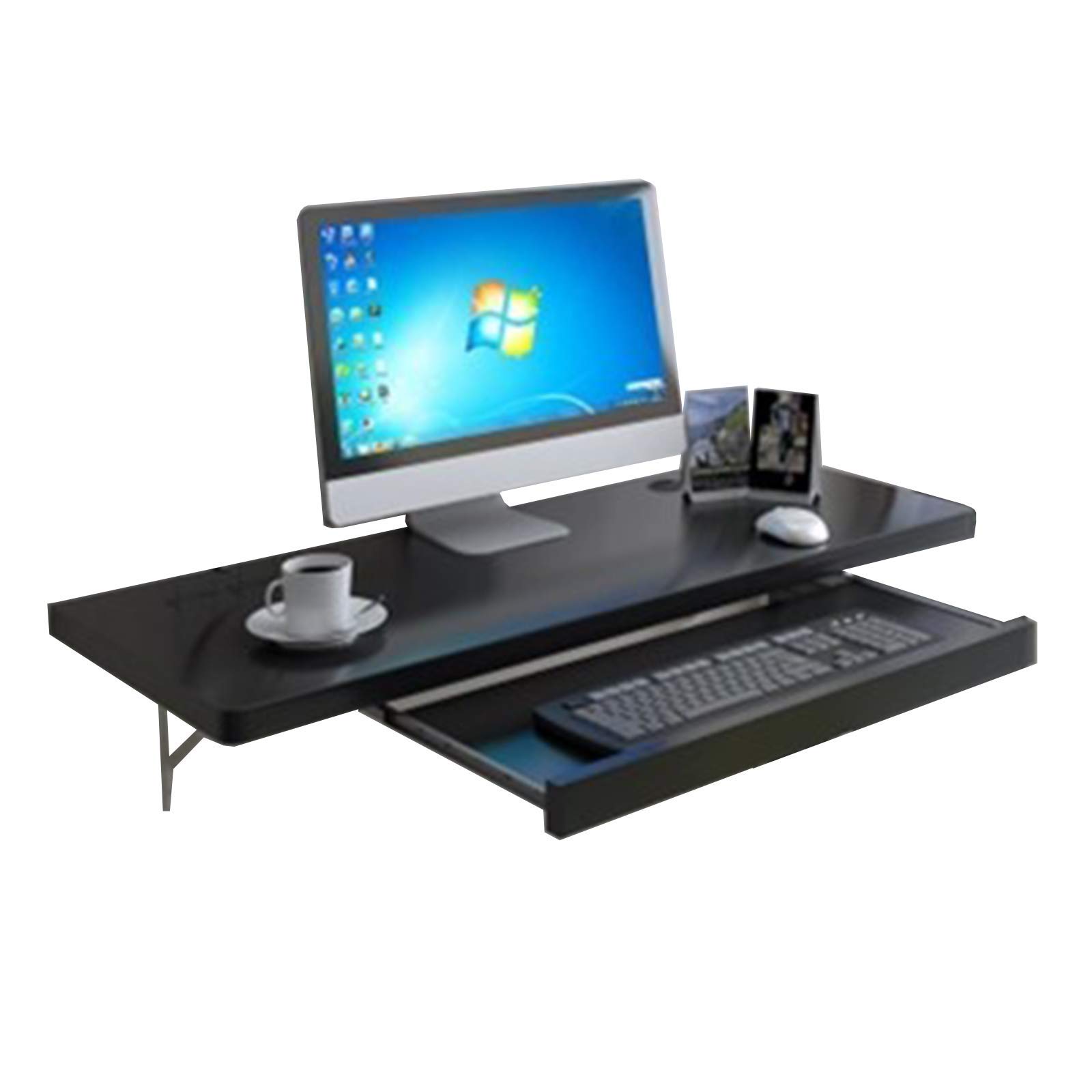 FMOGE 2-Piece Floating Computer Desk with Keyboard Tray - 60×40cm White Wooden Wall Mounted Multi-Functional Writing Desk for Home Office, Small Spaces & Study Rooms - Perfect for Remote Work & Online Learning