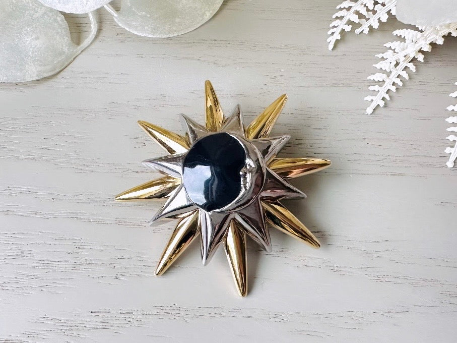 Vintage Liz Claiborne Star and Moon Pin - Celestial Brooch in Black, Gold & Silver - Perfect for Jewelry Collectors, Gift Giving & Boho Fashion Accessories