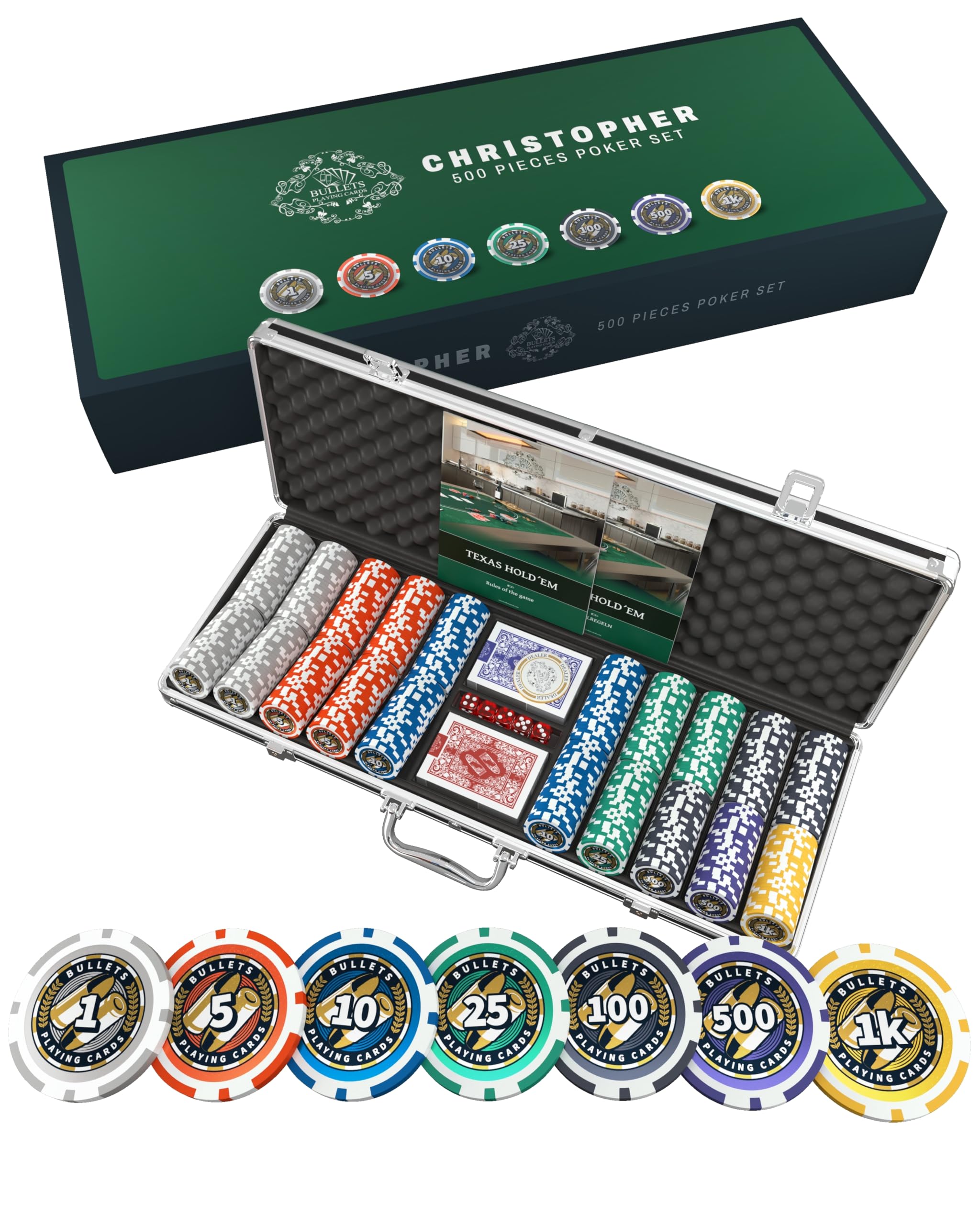Bullet Playing Cards Set - Premium Christopher Poker Kit with 500 Plastic Casino Chips & Case - Perfect for Poker Nights, Casino Parties, and Home Game Entertainment