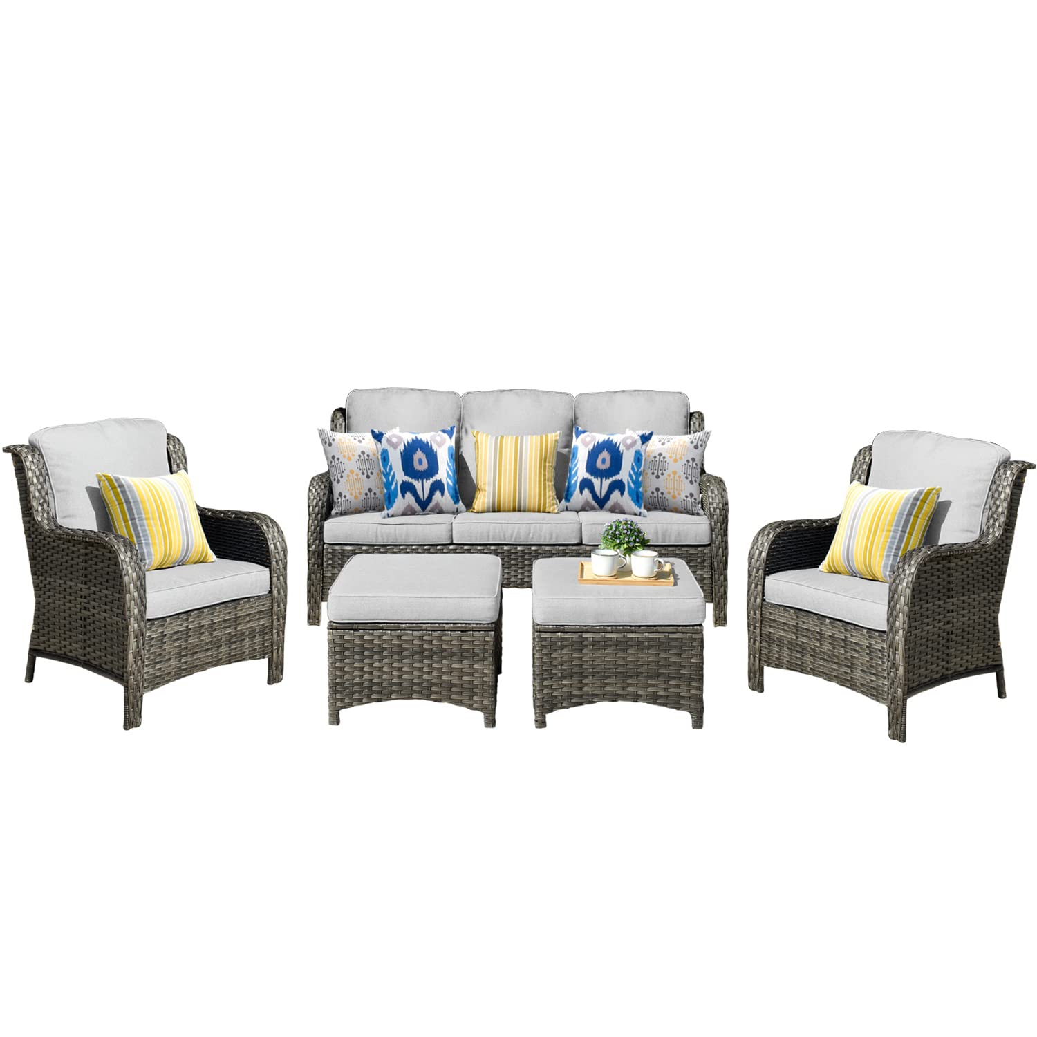 Modern Grey Rectangular Patio Furniture Set - Waterproof Outdoor Rattan Sofa Set with Cushions for Garden, Backyard, Poolside & Balcony Relaxation