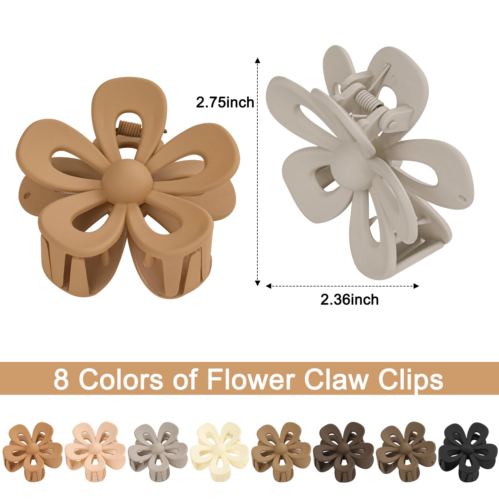 8PCS Matte Hair Clips for Women and Girls - Non-Slip Flower Claws for Thick Hair, Large Khaki Daisy Hairpins with Strong Hold | Perfect for School, Work, Parties and Everyday Hairstyles